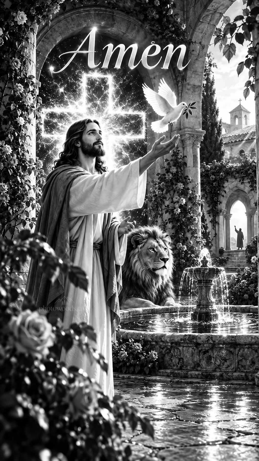 Jesus Christ in a garden, welcoming a dove - AI-generated stock image