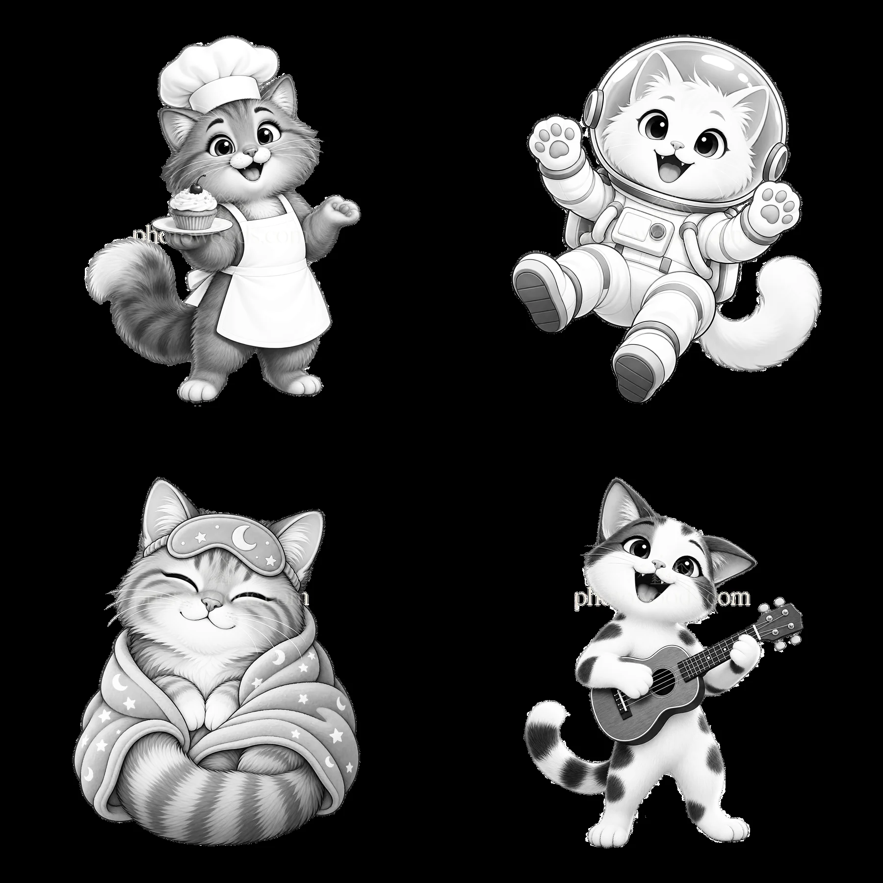 Four cartoon cats in fun costumes and activities - AI-generated stock image