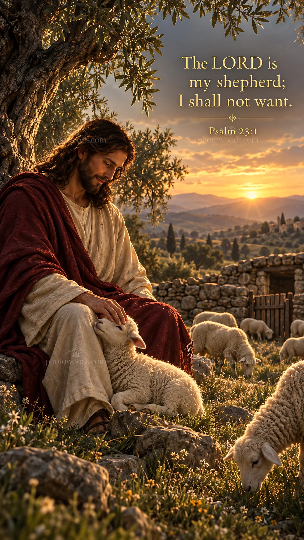 Jesus Christ as the Good Shepherd caring for sheep - AI-generated stock image
