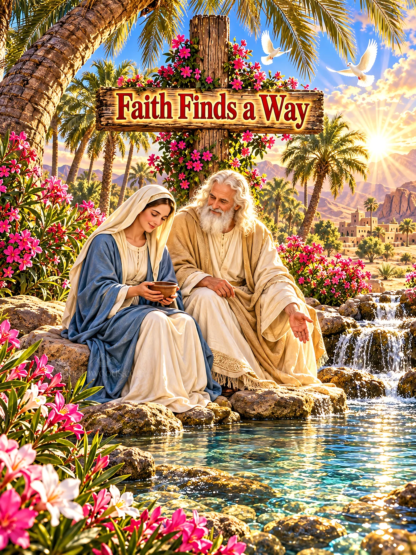 Jesus Christ and a woman share a moment by the water - AI-generated stock image