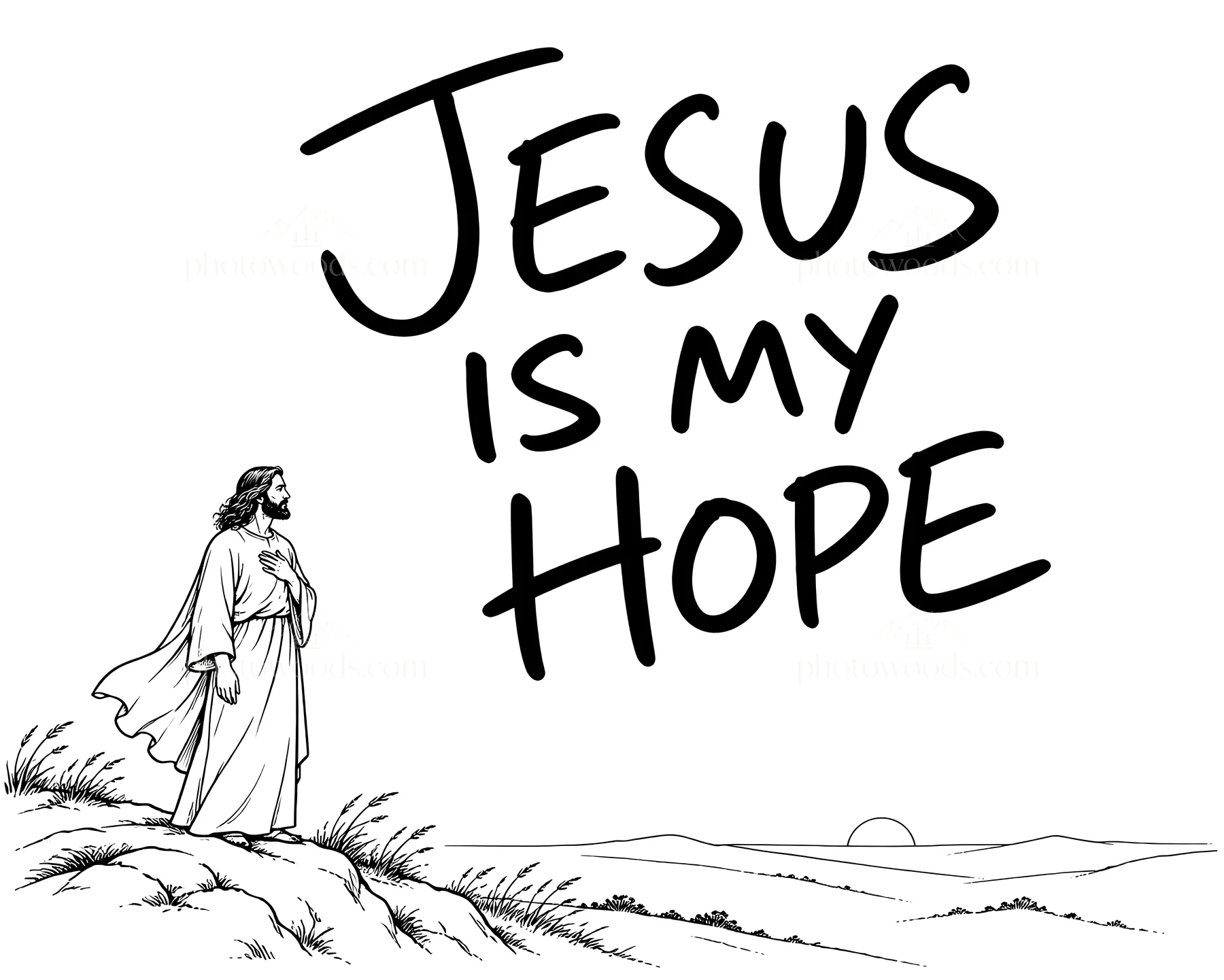Jesus Christ stands on a hilltop with a hopeful gaze - AI-generated stock image