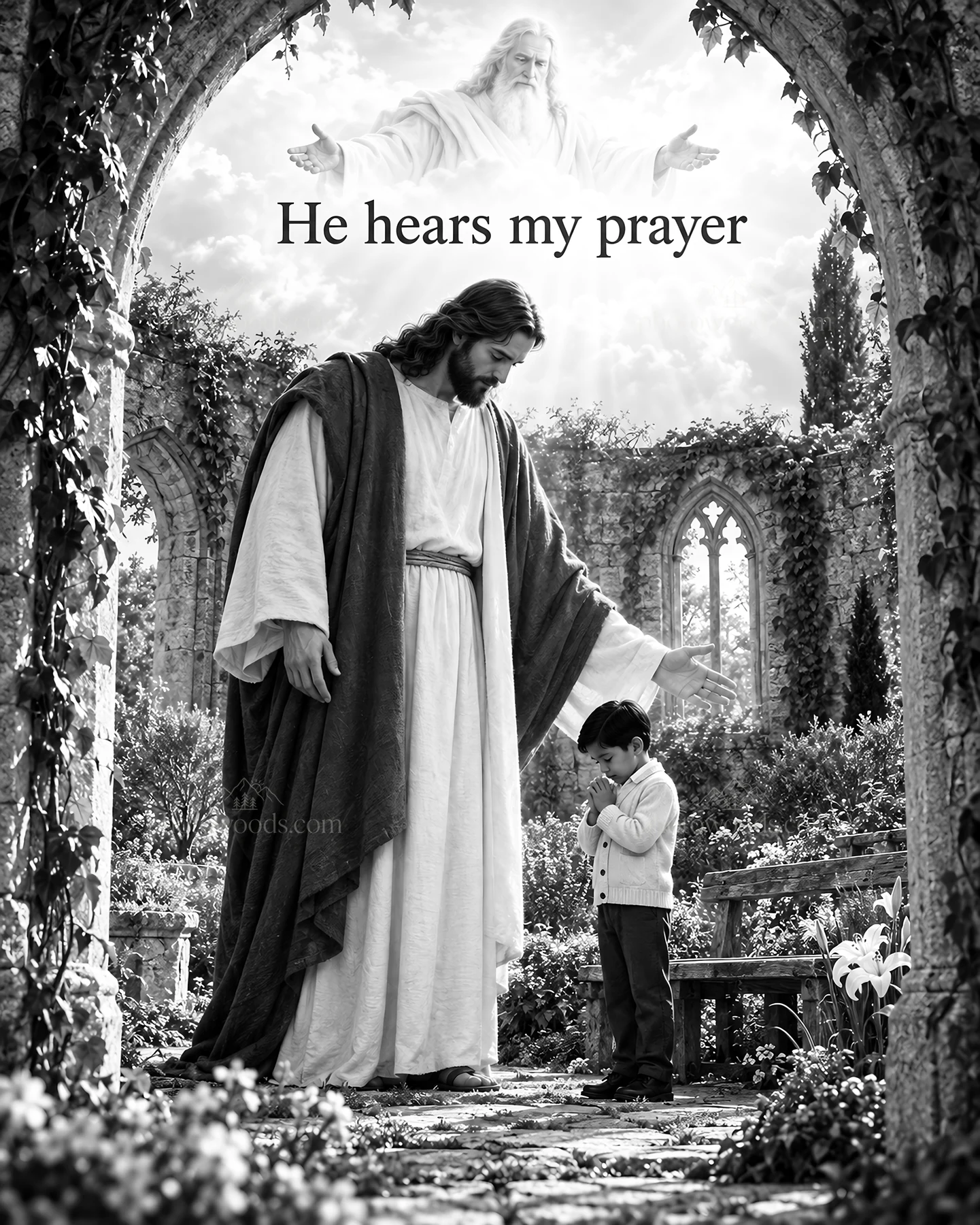 Jesus Christ comforts a child in a garden setting - AI-generated stock image