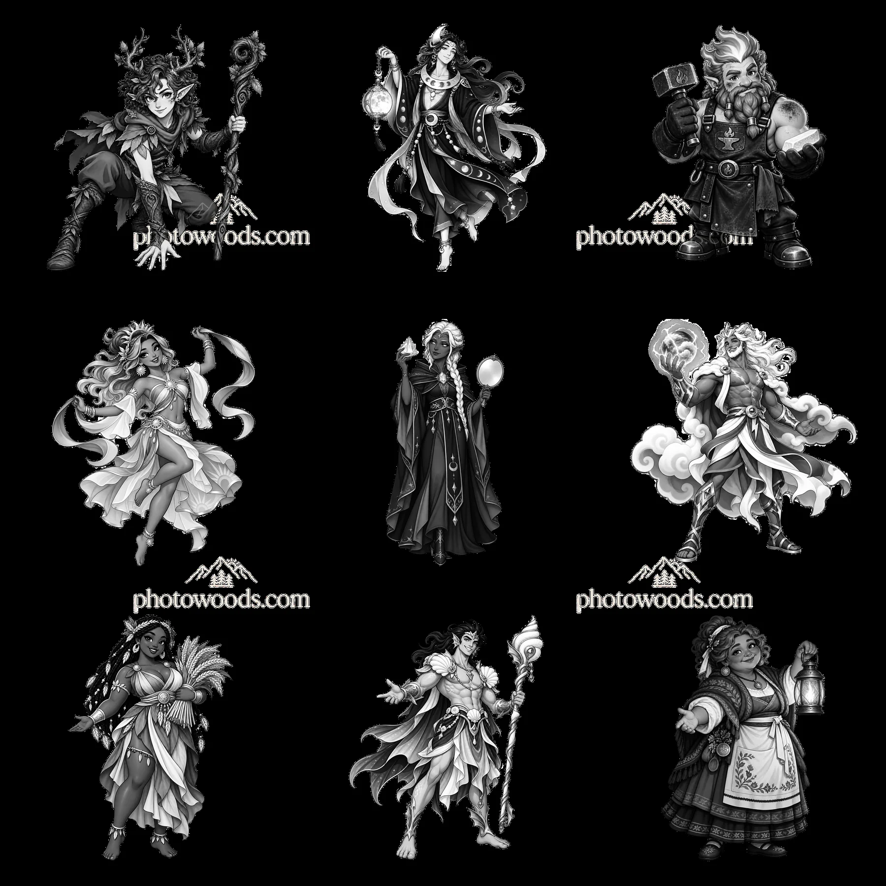 Pagan gods in a 3x3 grid with diverse poses and styles - AI-generated stock image