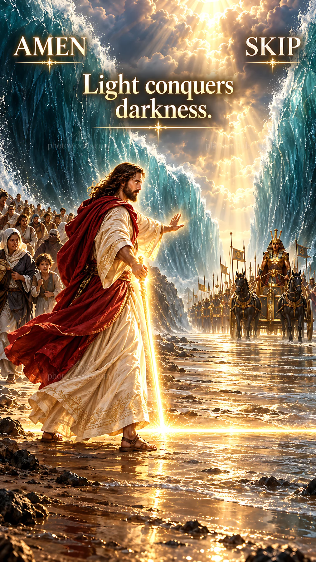 Jesus Christ parts the waters with light - AI-generated stock image