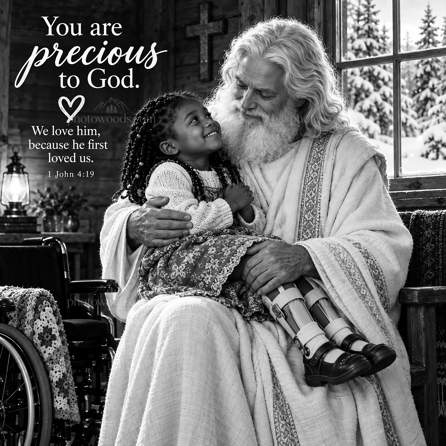 Jesus Christ comforting a girl in a caring scene - AI-generated stock image