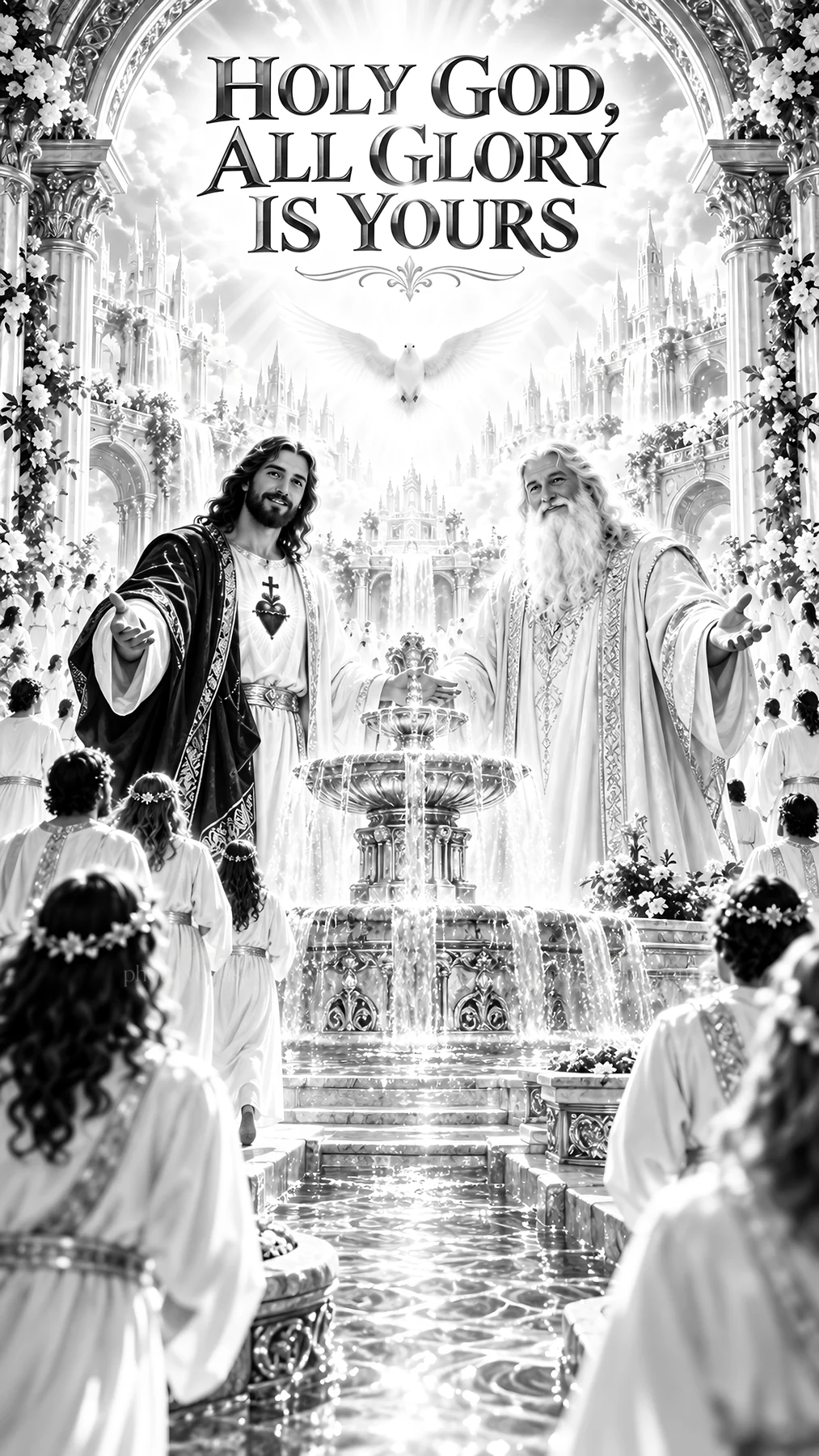 Jesus Christ and God in a heavenly scene of worship - AI-generated stock image
