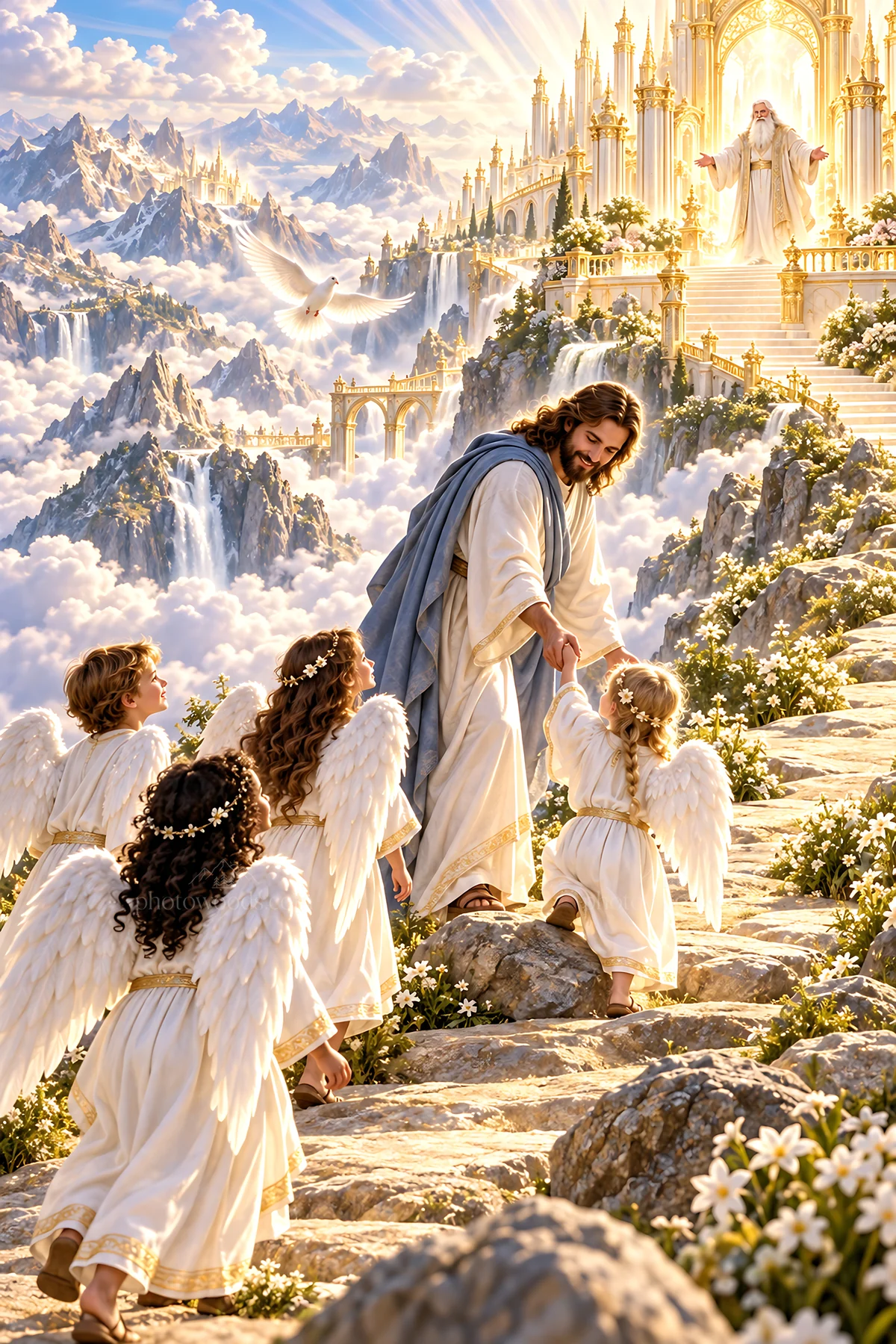Jesus Christ guiding children on a heavenly path - AI-generated stock image