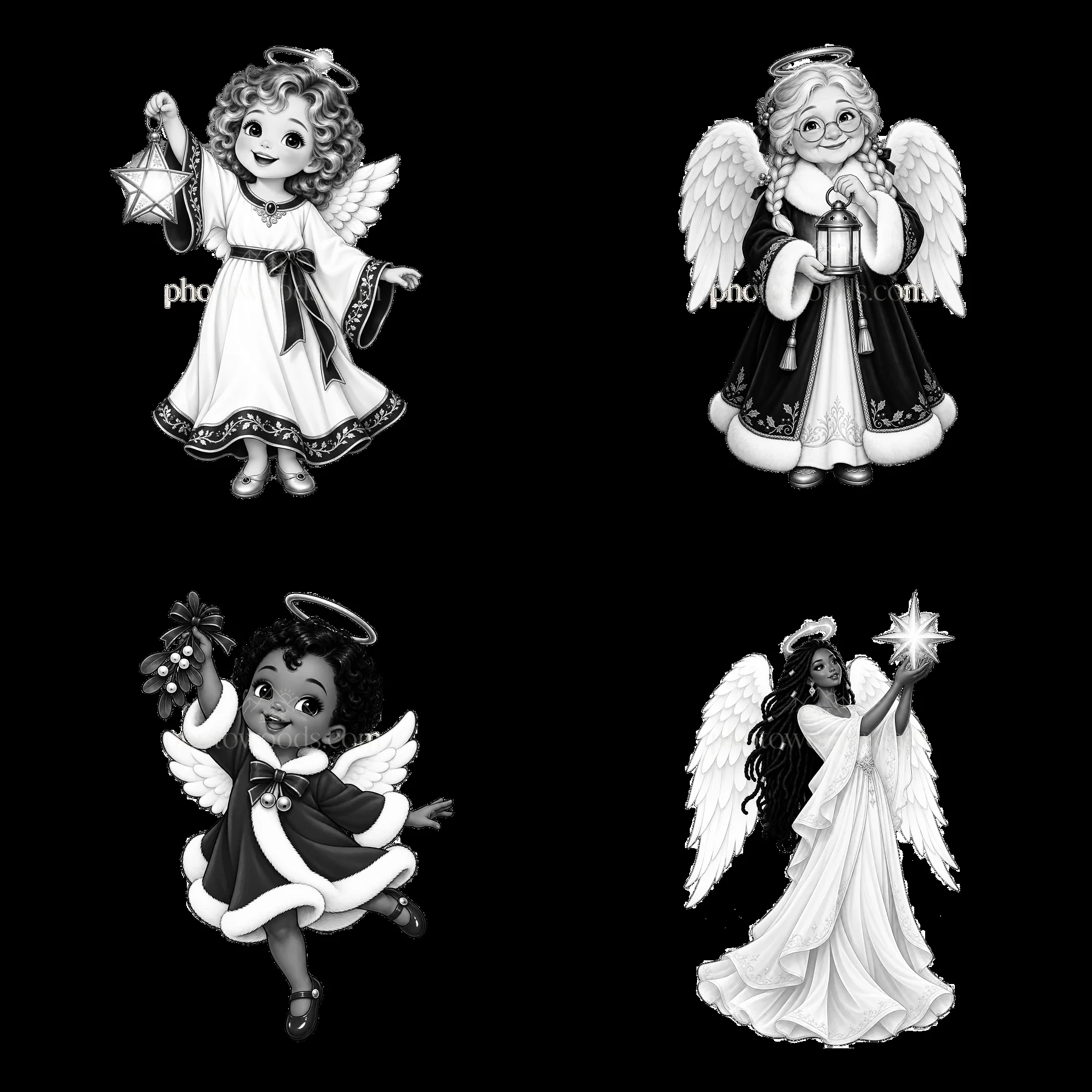 Four cartoon angel figures in a Christmas theme design - AI-generated stock image
