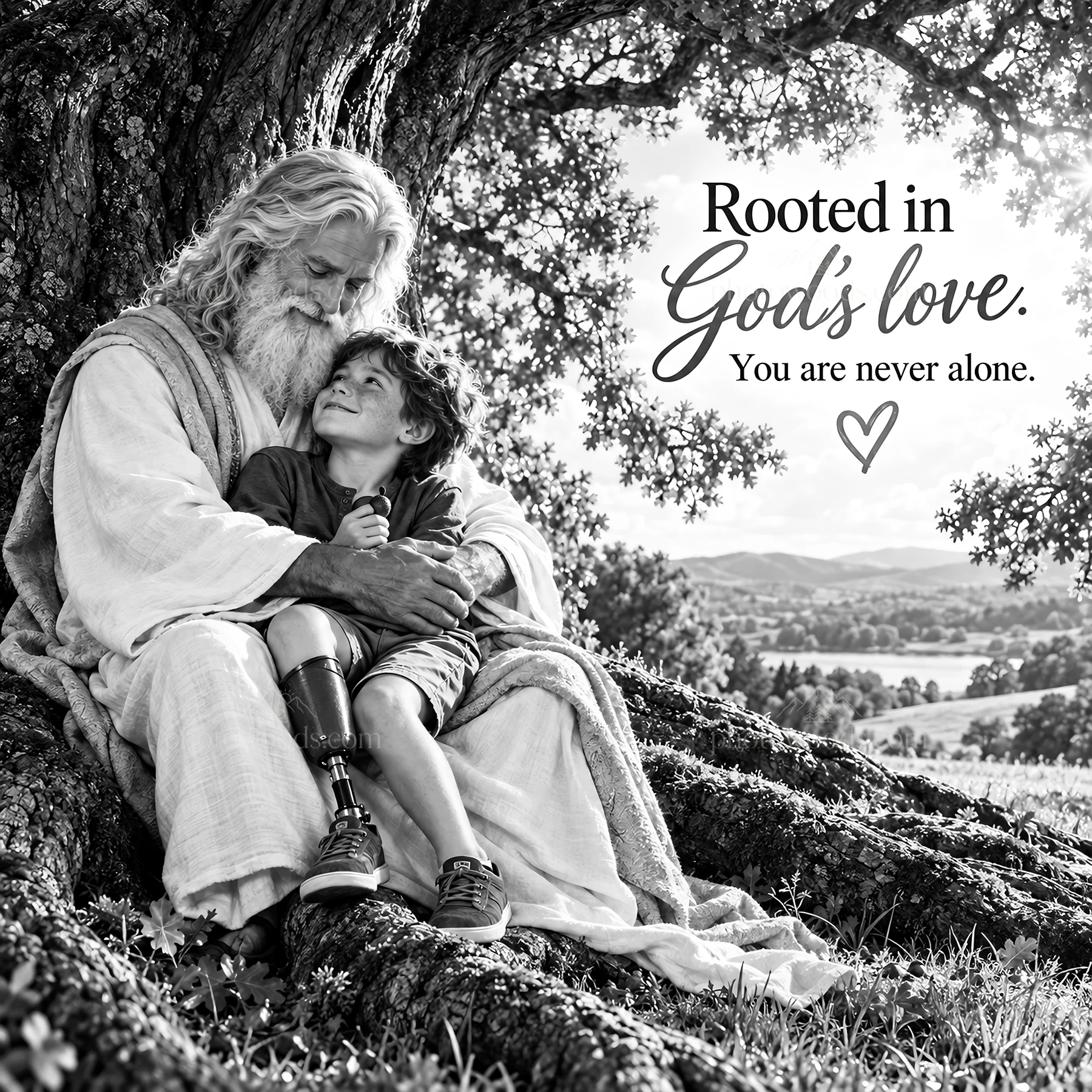 Jesus Christ sharing love and comfort with a child - AI-generated stock image
