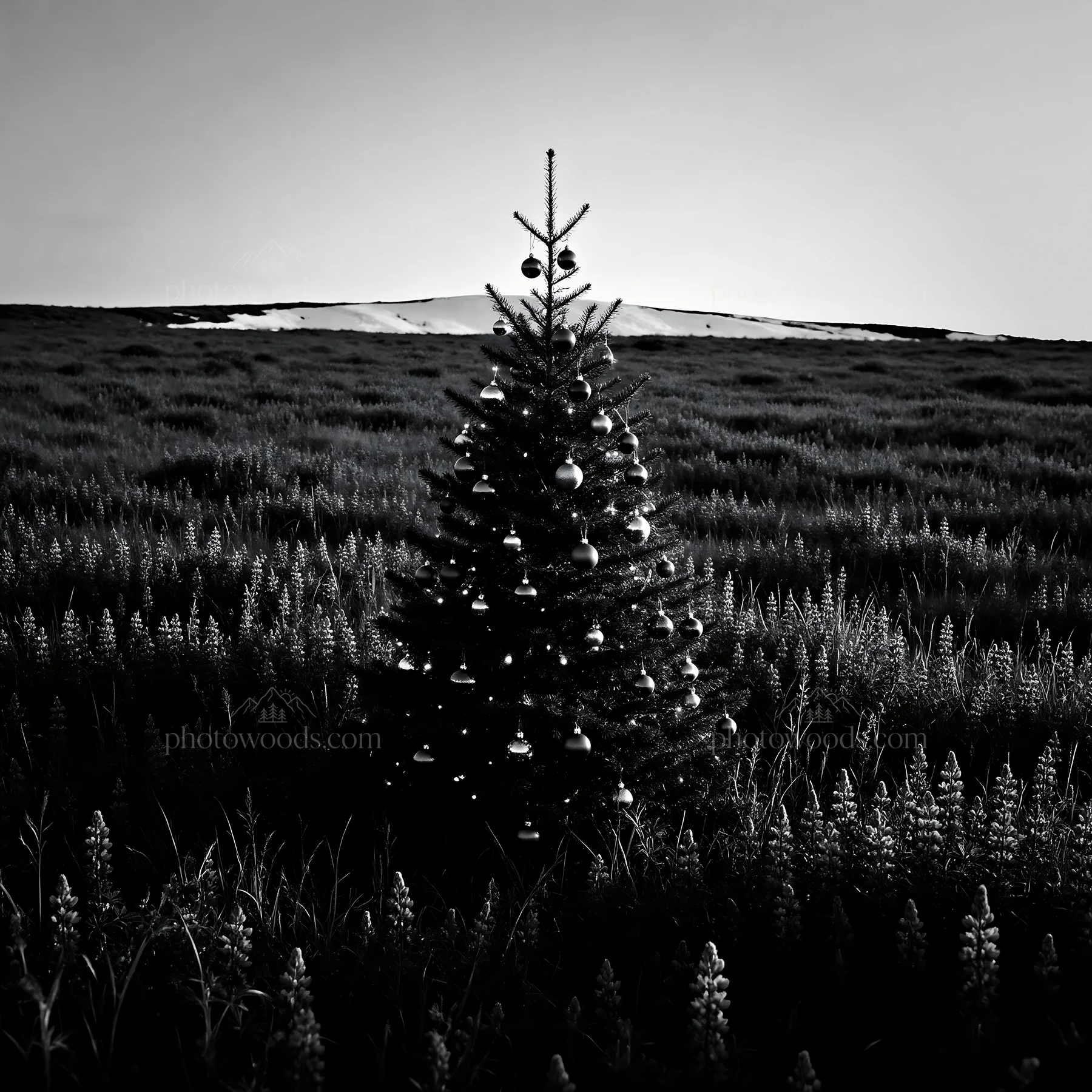 Vibrant Christmas tree stands in winter meadow - AI-generated stock image