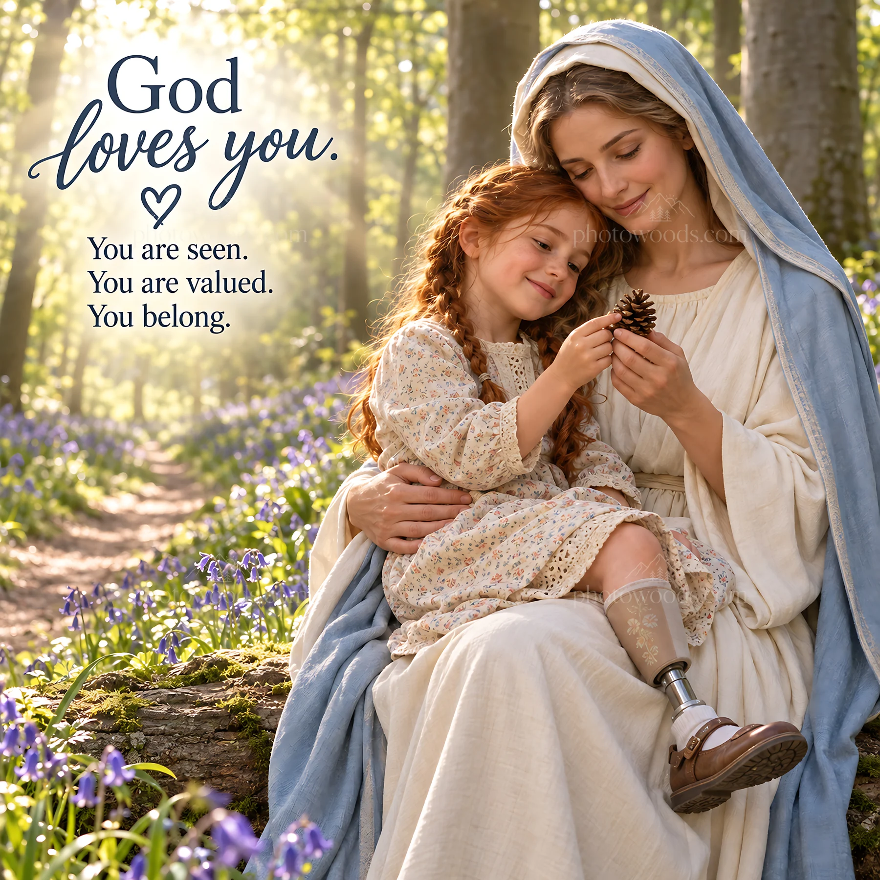 Jesus Christ comforting a child in a forest setting - AI-generated stock image