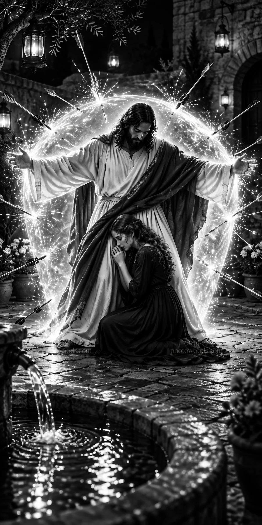 Jesus Christ comforts a person in a garden setting - AI-generated stock image