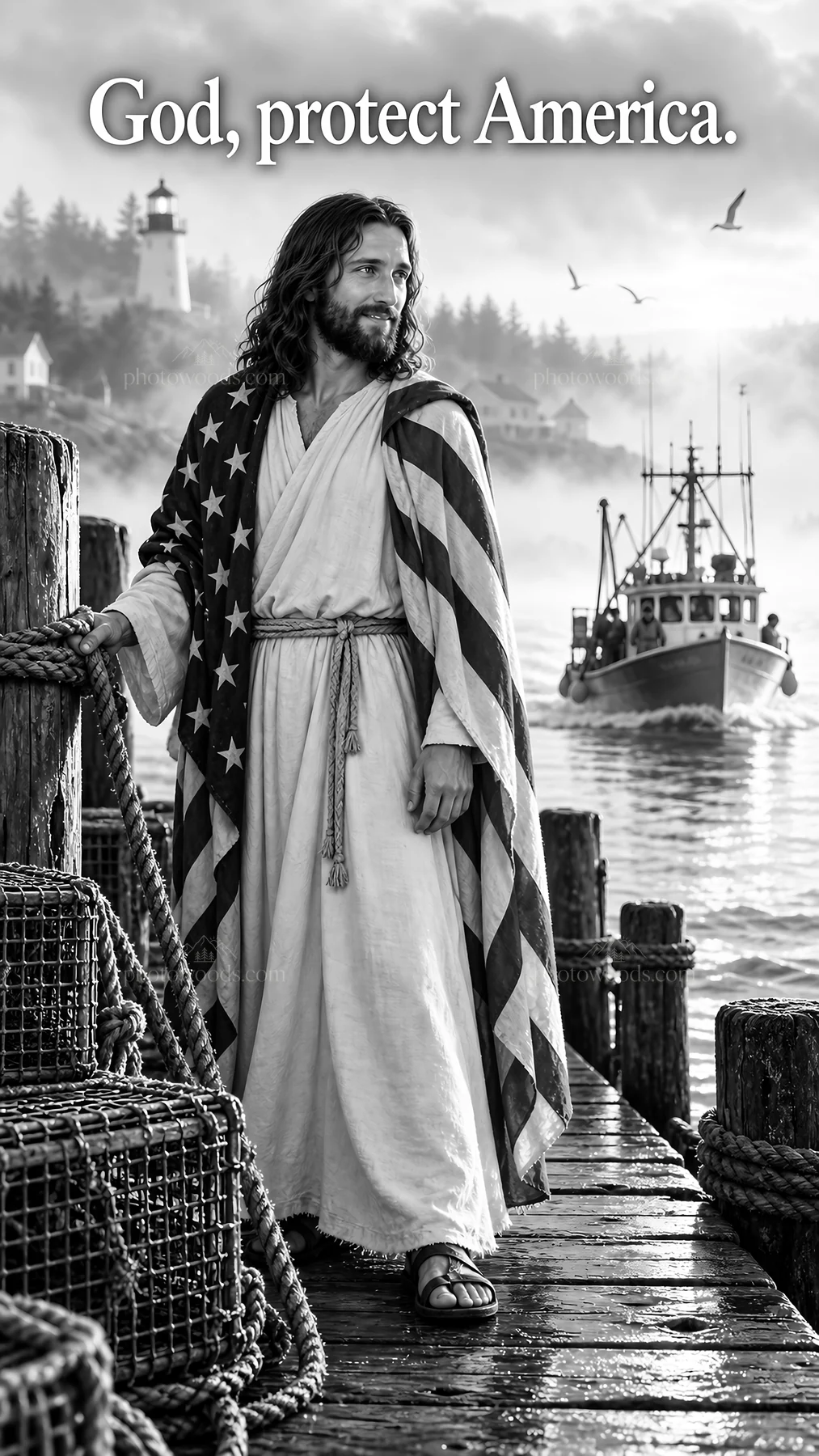 Jesus Christ standing on a dock with American flag - AI-generated stock image