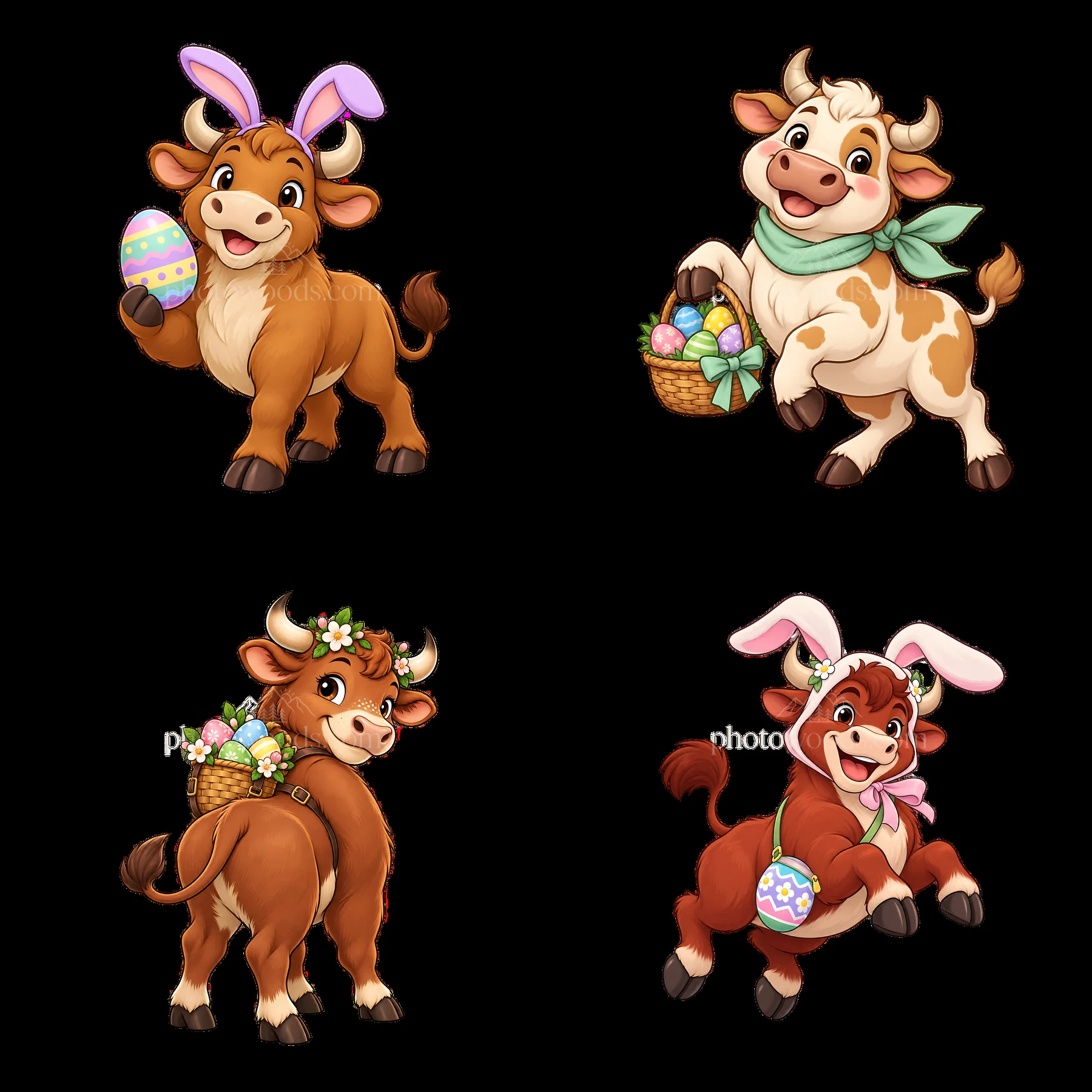Easter ox characters with egg baskets and bunny ears in a grid - AI-generated stock image