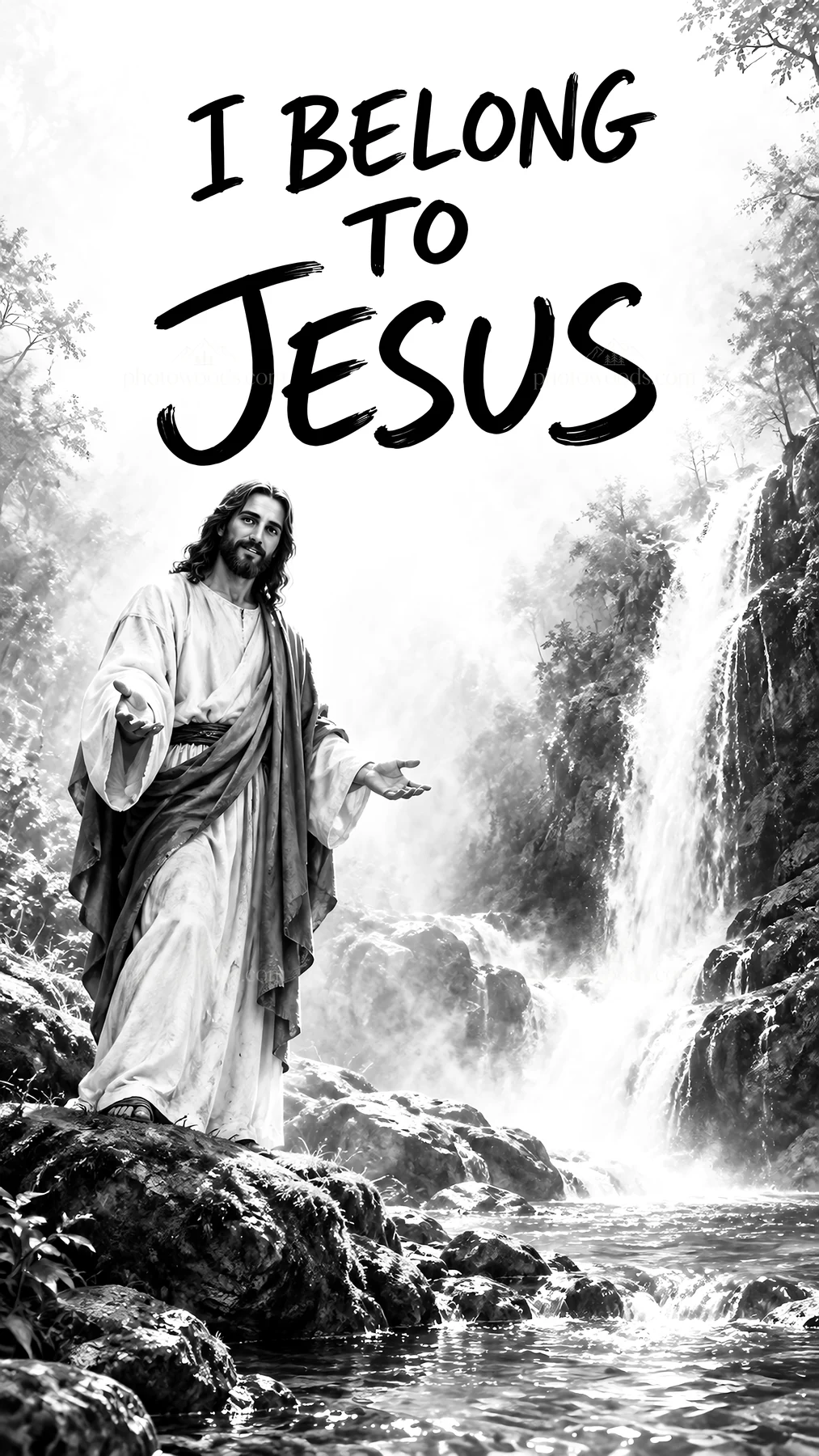 Jesus Christ welcoming by a waterfall in a forest setting - AI-generated stock image