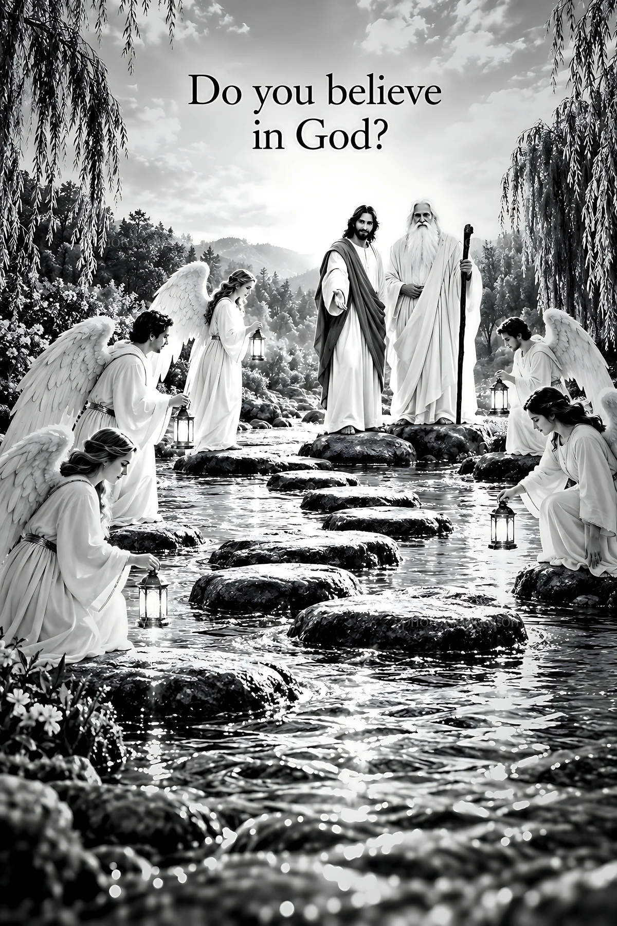 Belief in god at the river crossing - AI-generated stock image