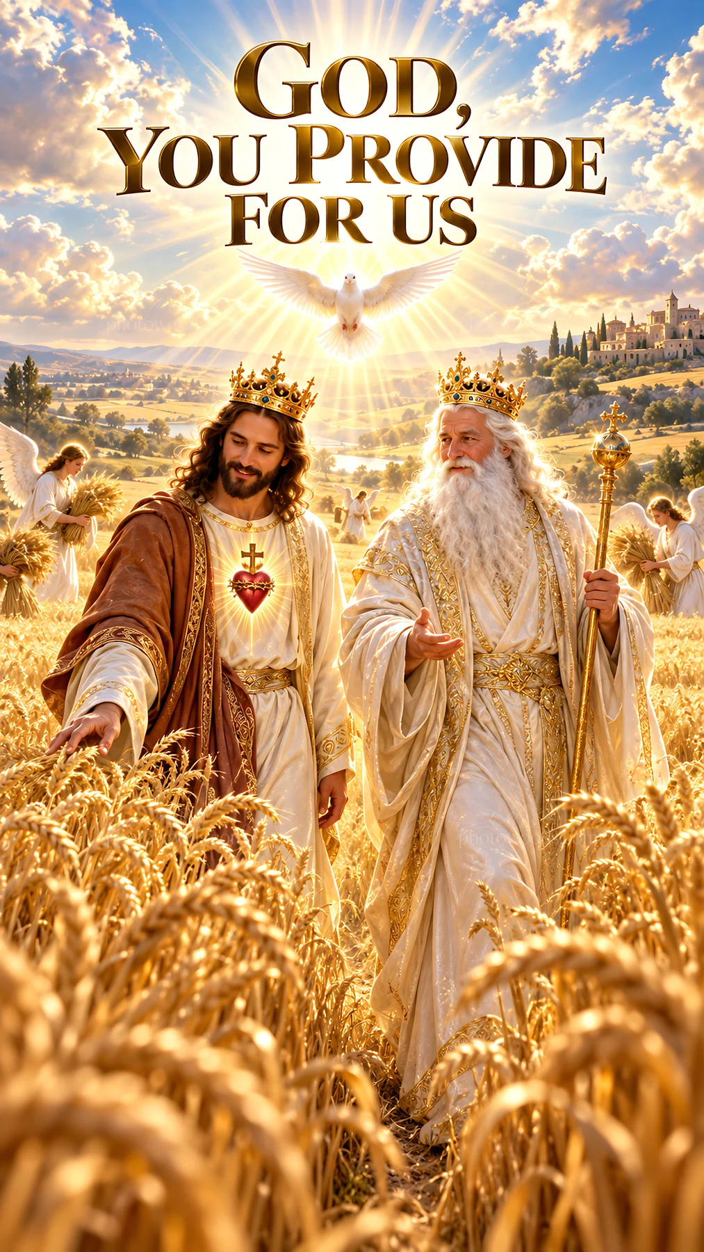 Jesus Christ walking in a golden field with God - AI-generated stock image
