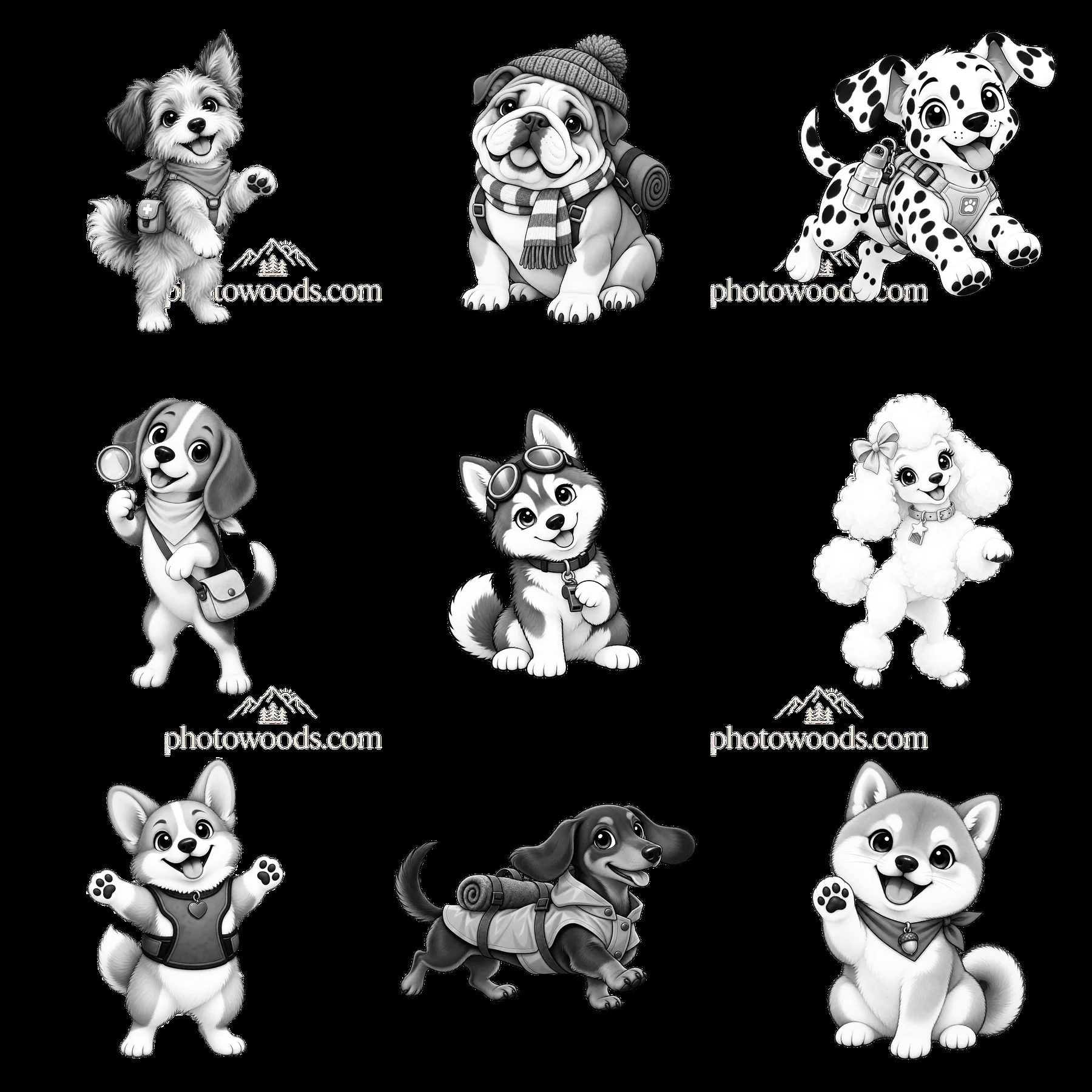 Cute K-9 dog stickers in a 3x3 grid layout - AI-generated stock image
