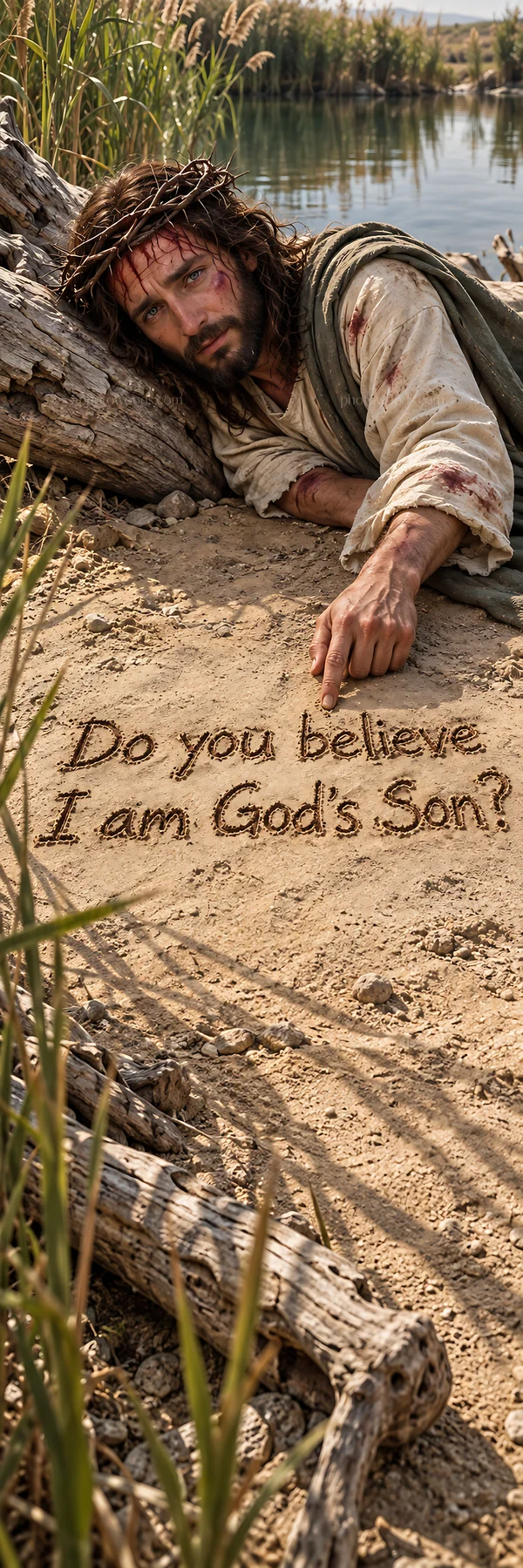 Jesus Christ writing in the sand asking about faith - AI-generated stock image