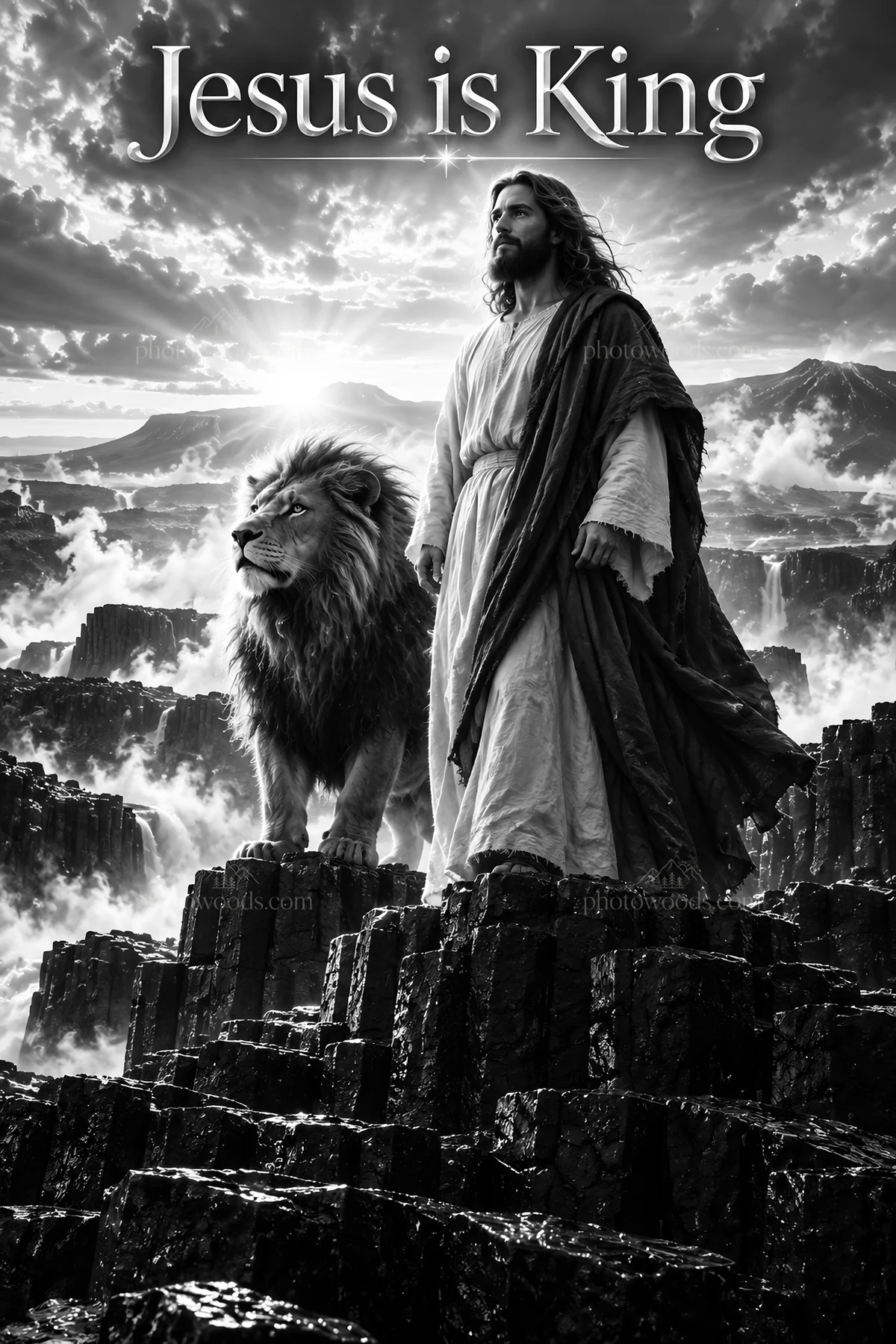 Jesus Christ stands with a lion in a powerful landscape - AI-generated stock image