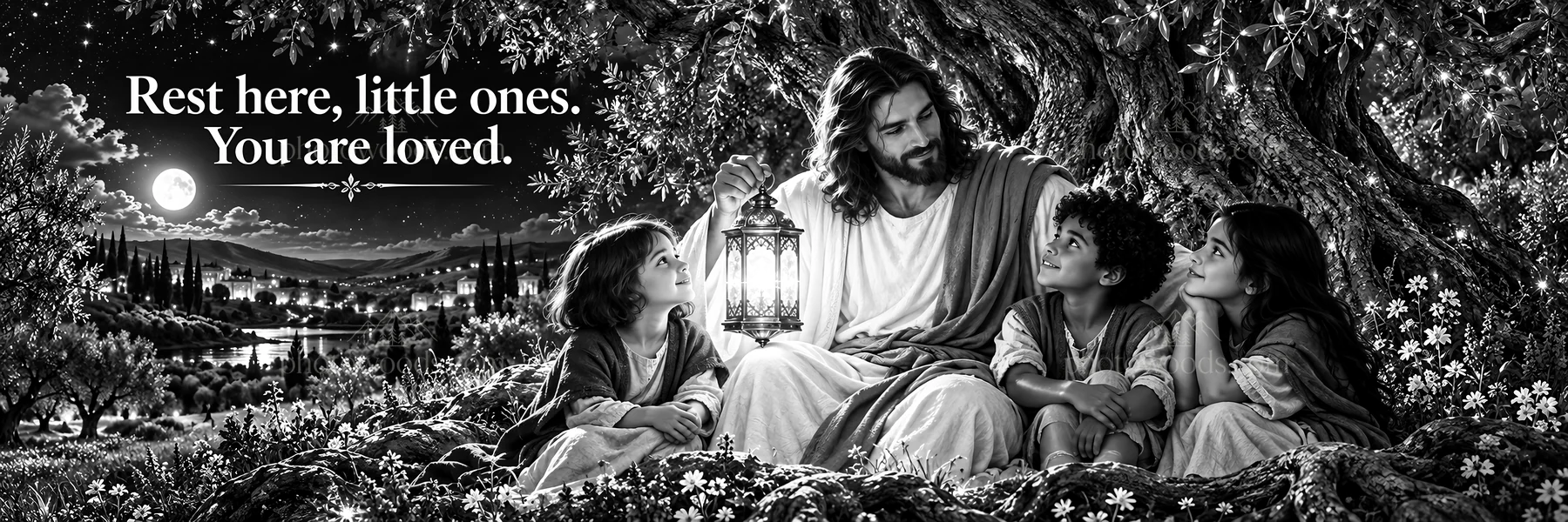Jesus Christ comforting children in a serene garden setting - AI-generated stock image