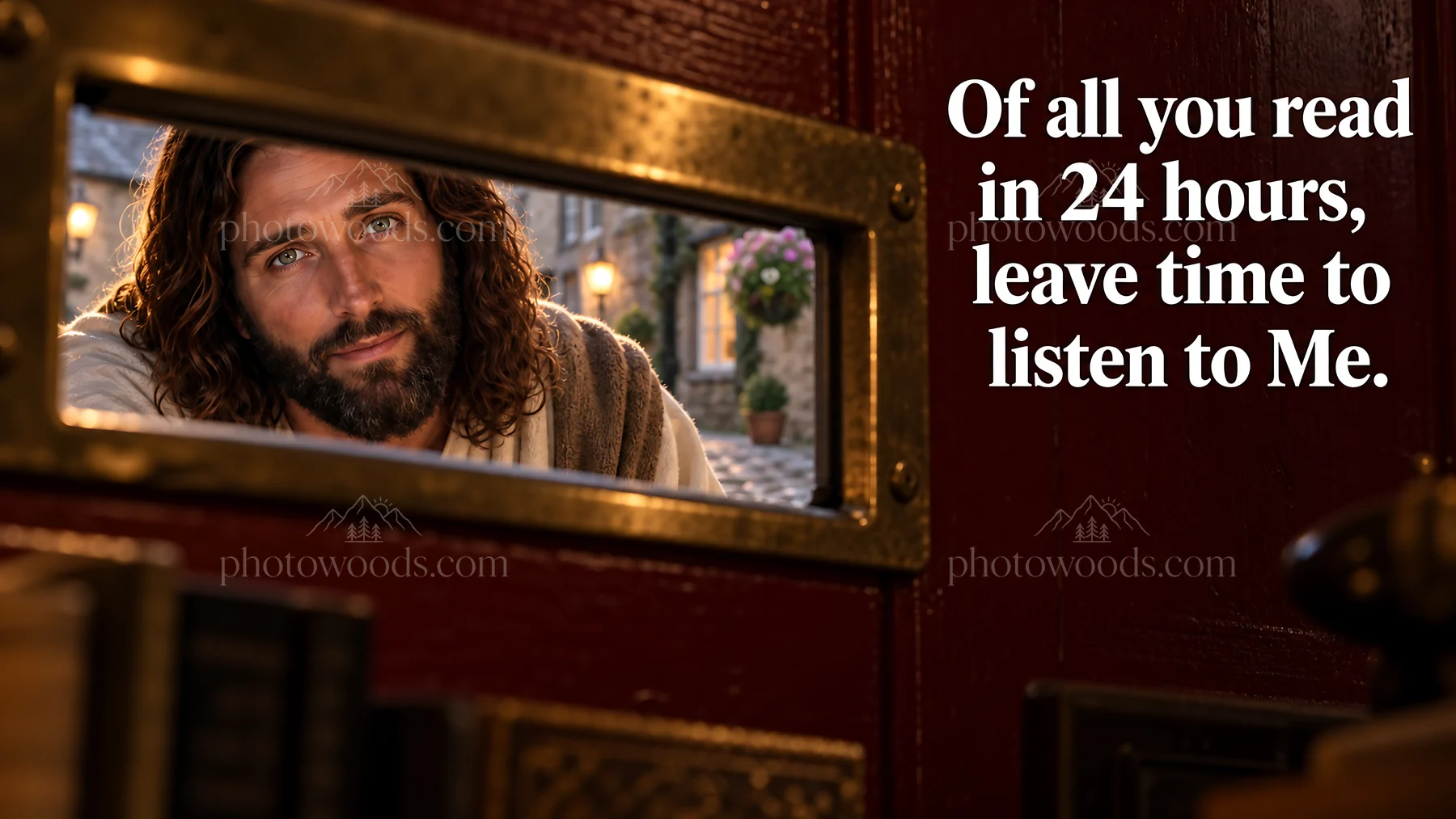 Jesus Christ encourages listening and reflection through a door - AI-generated stock image