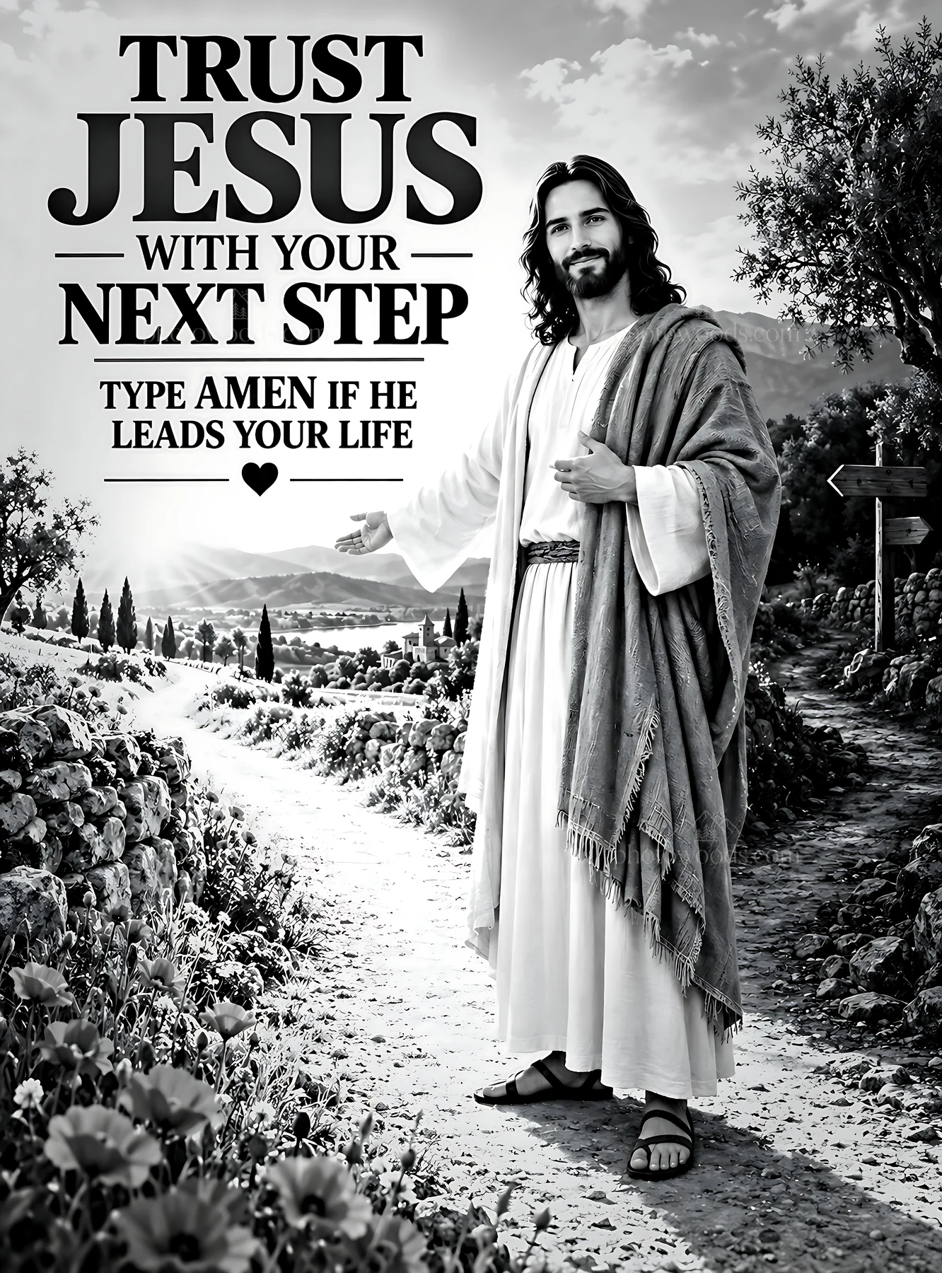 Trust Jesus with your next step in the countryside - AI-generated stock image