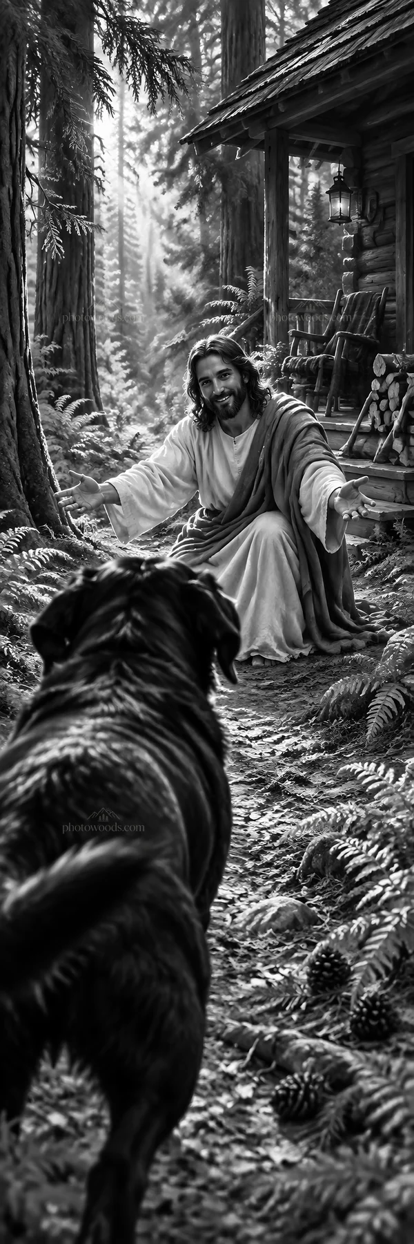 Jesus Christ welcoming a dog in a forest setting - AI-generated stock image