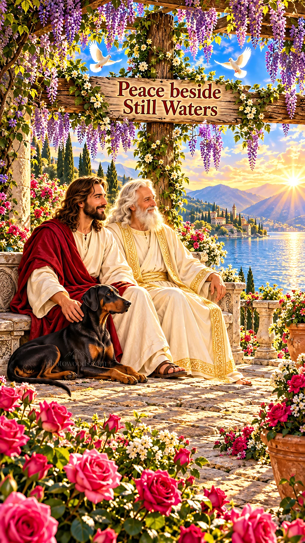 Jesus Christ with a man by the water, sharing a moment of peace - AI-generated stock image