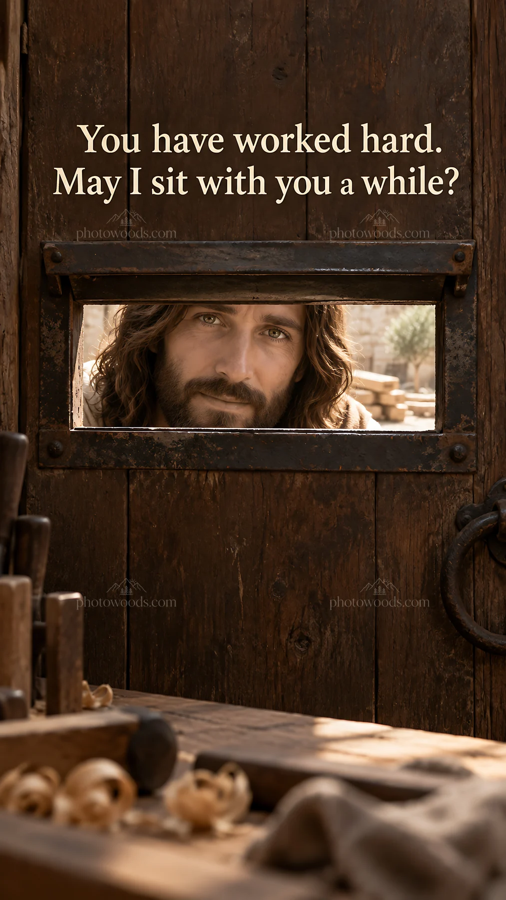 Jesus Christ offers companionship through a door - AI-generated stock image