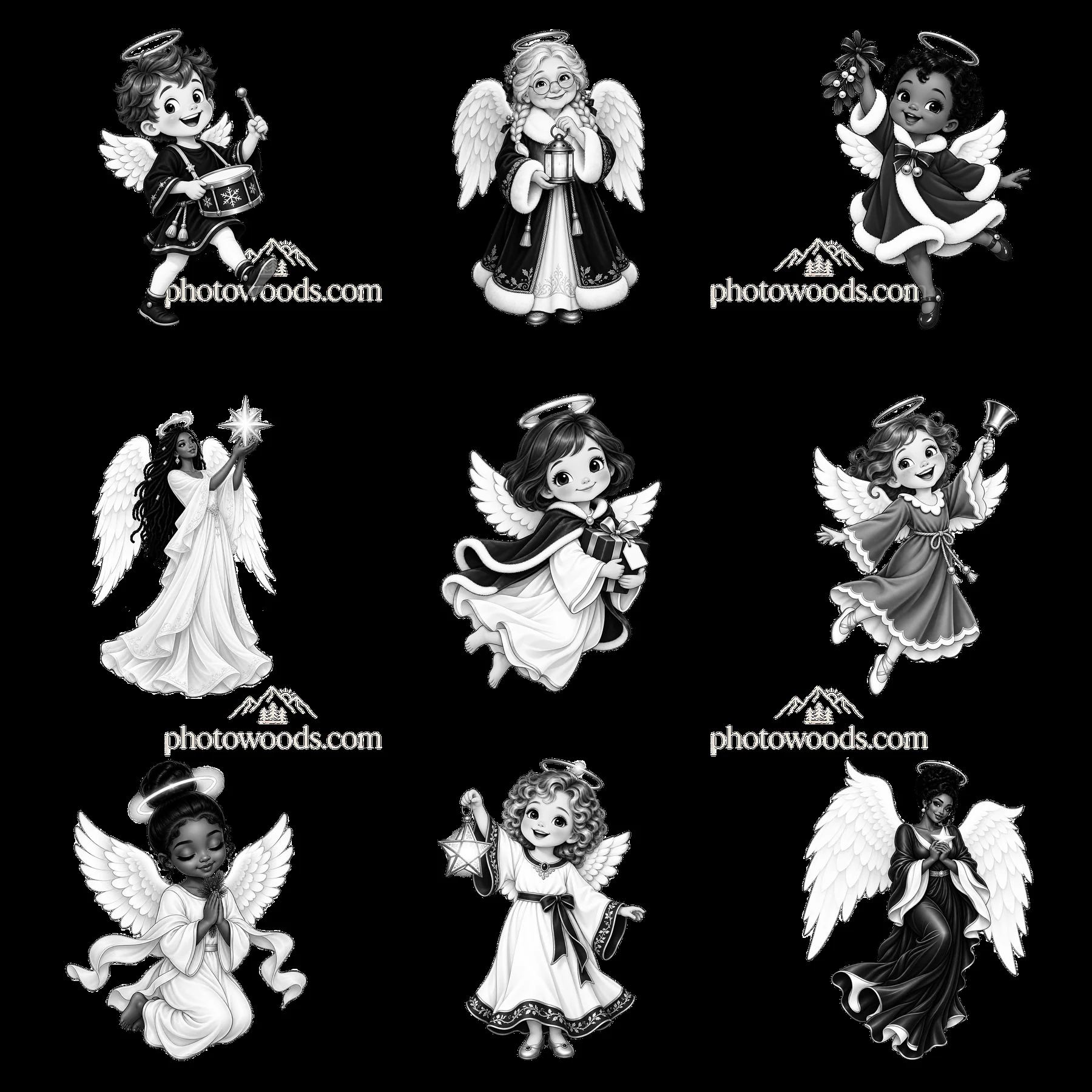 Nine Christmas angels in a grid layout - AI-generated stock image