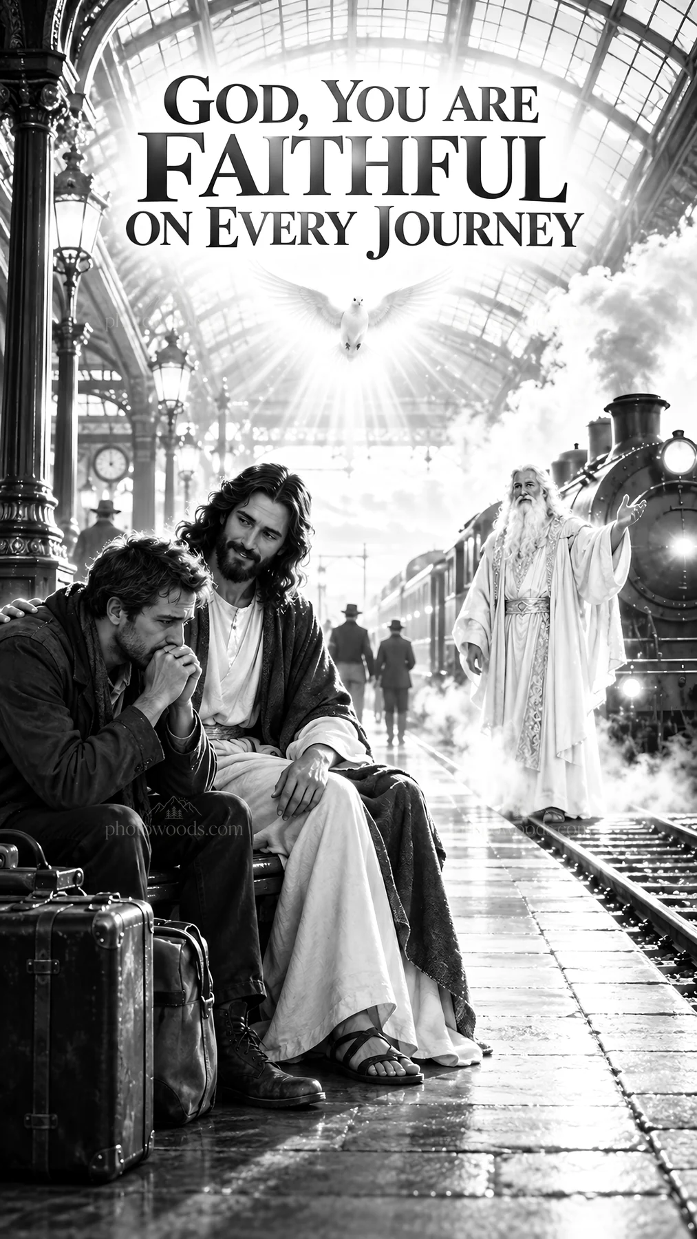 Jesus Christ comforting a suffering traveler at a train station - AI-generated stock image