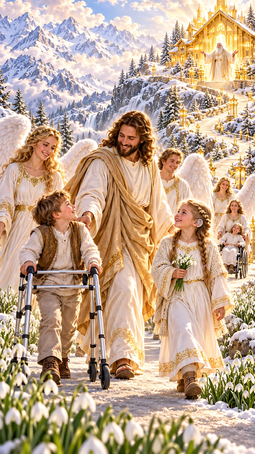 Jesus Christ walking with children in a snowy landscape - AI-generated stock image