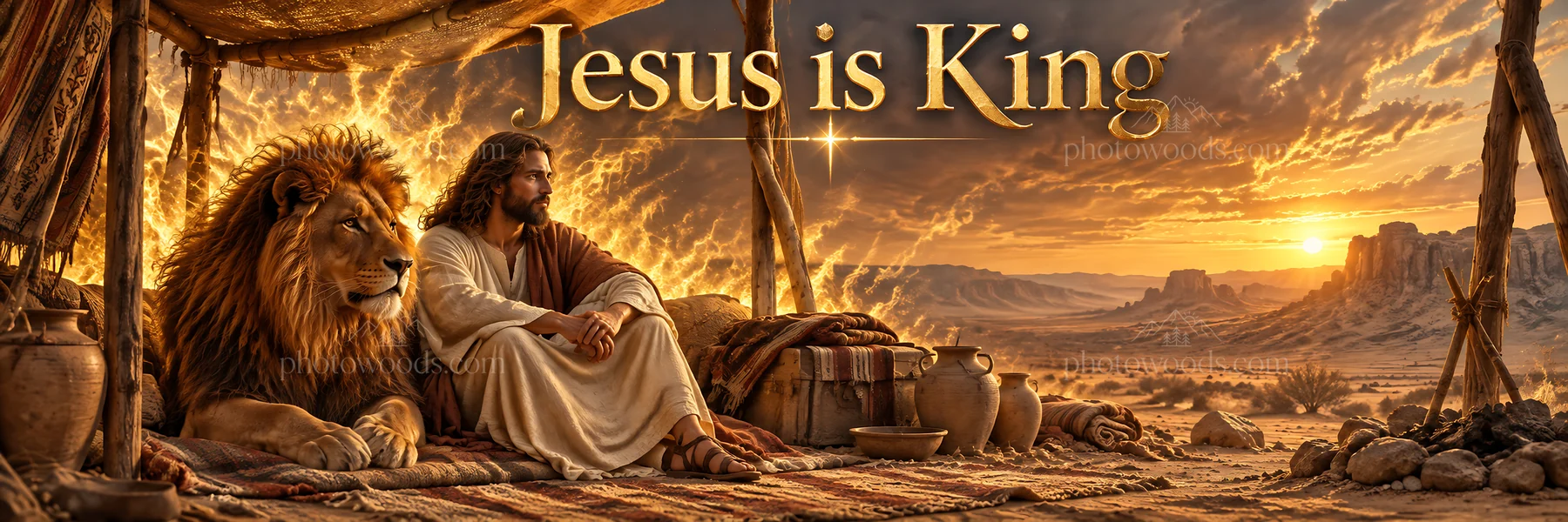 Jesus Christ with a lion in a desert setting at sunset - AI-generated stock image