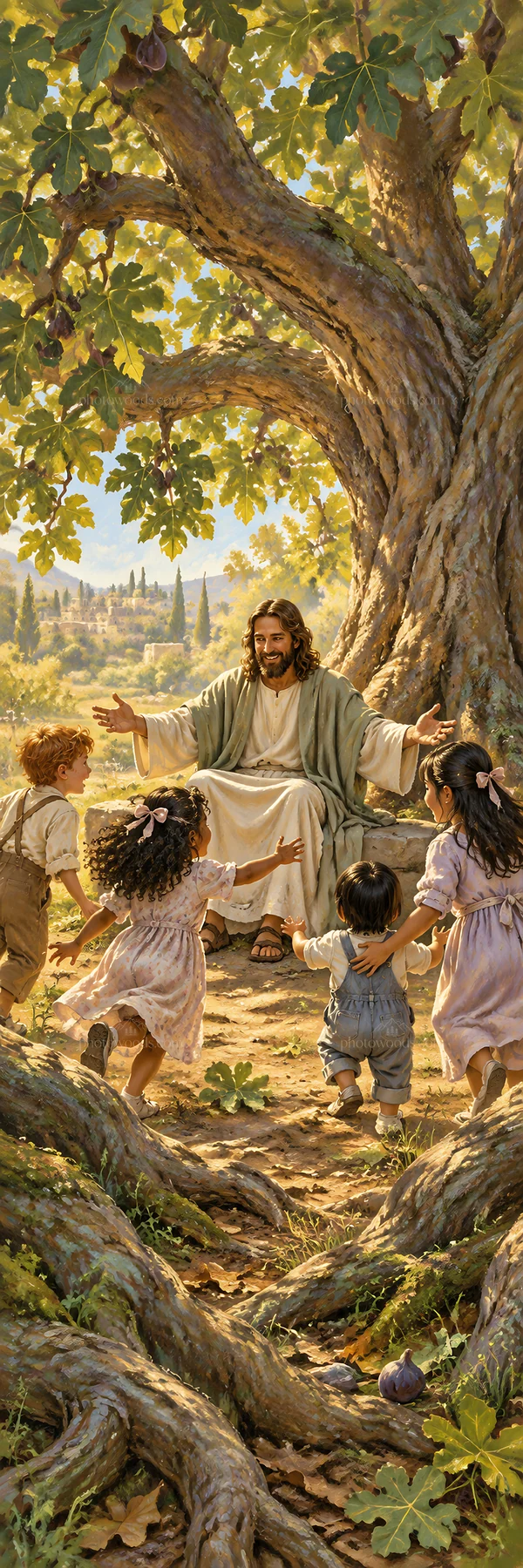Jesus Christ welcoming children under a large tree - AI-generated stock image