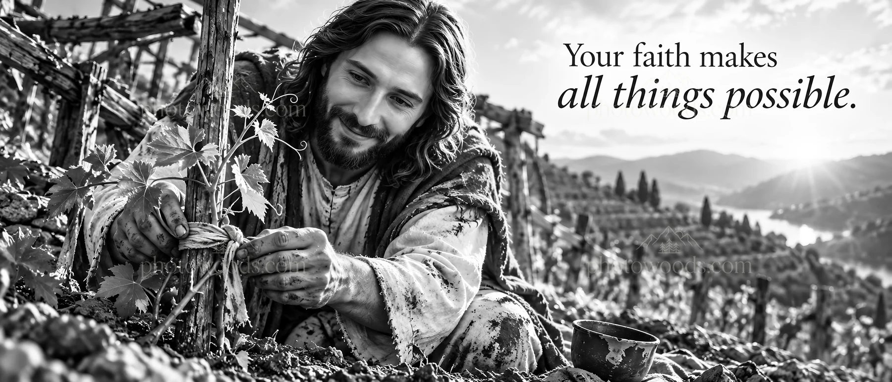 Jesus Christ tending to a young vine in a field - AI-generated stock image