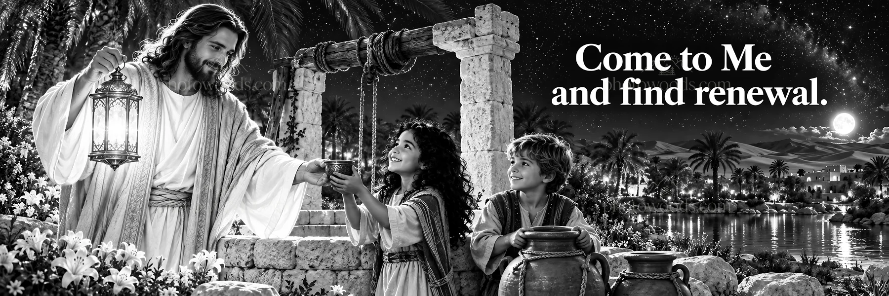 Jesus Christ welcoming children with a lantern - AI-generated stock image