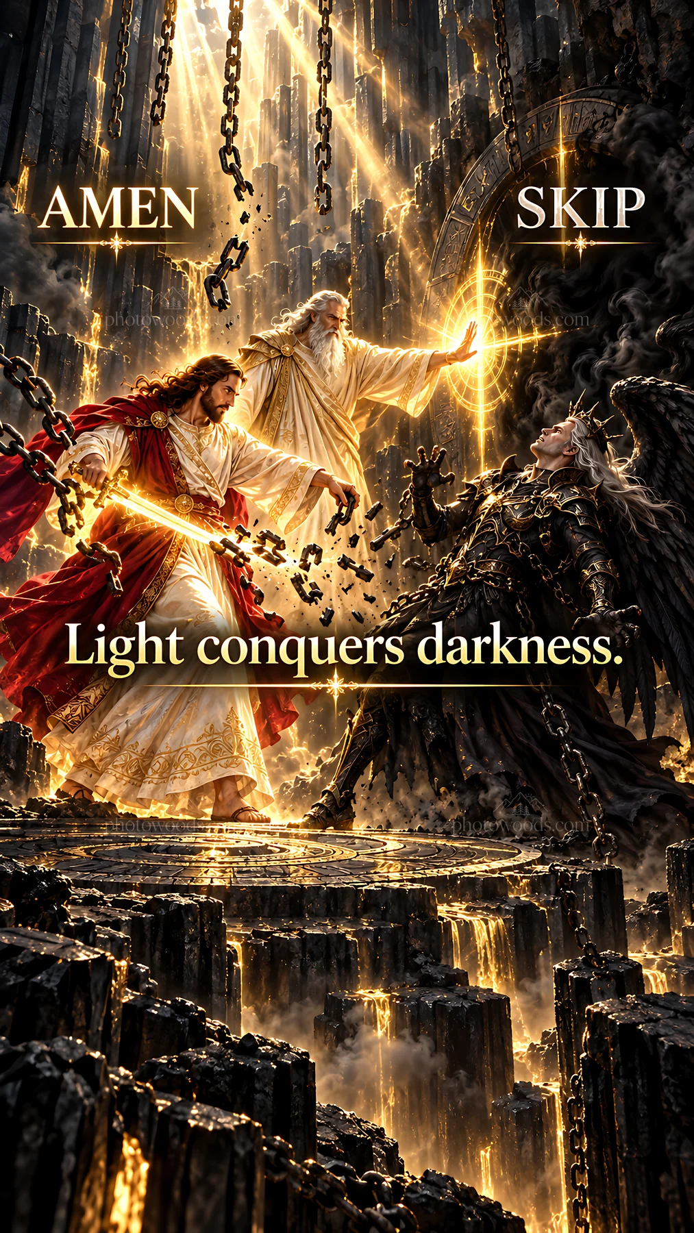 Jesus Christ brings light to overcome darkness - AI-generated stock image