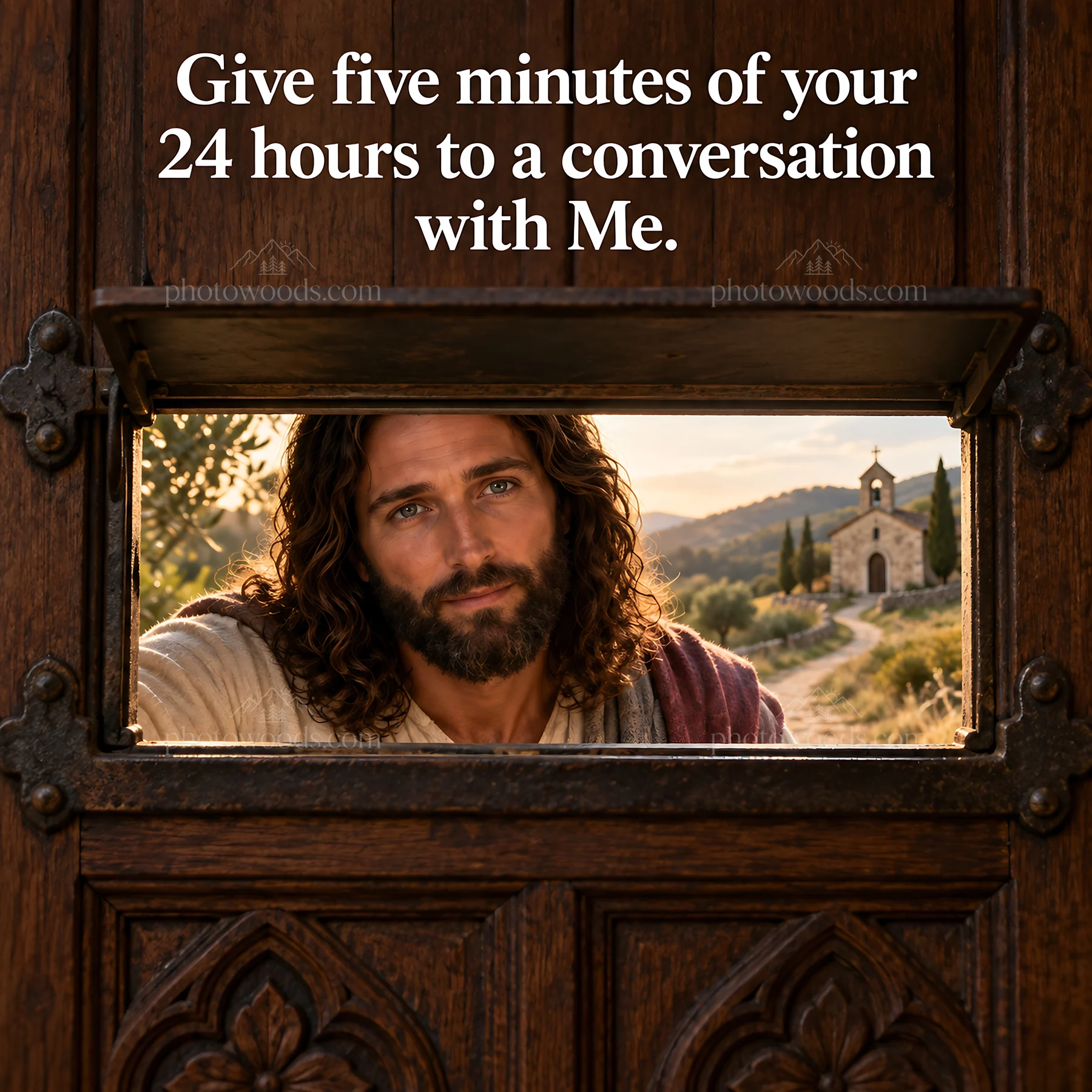 Jesus Christ speaking through a door inviting conversation - AI-generated stock image