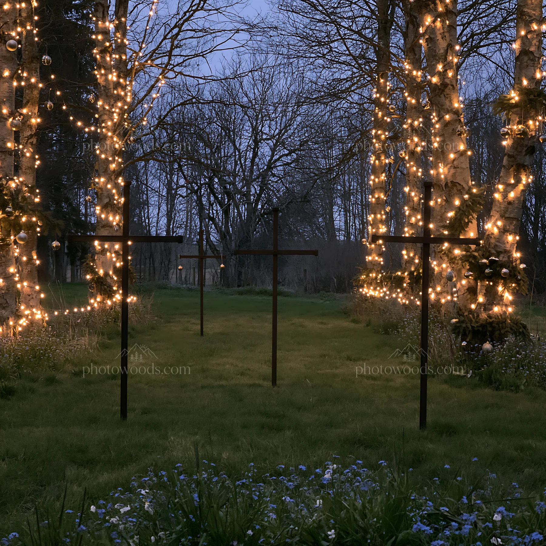 Three iron crosses in Advent meadow at dusk - AI-generated stock image