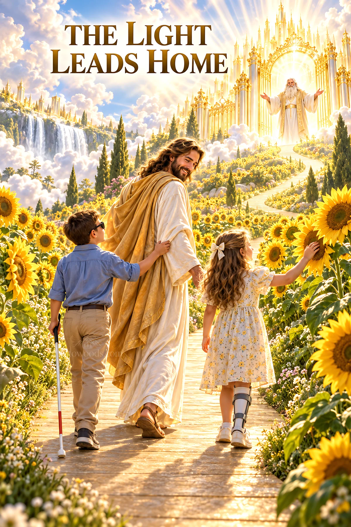 Jesus Christ walking with children among sunflowers - AI-generated stock image