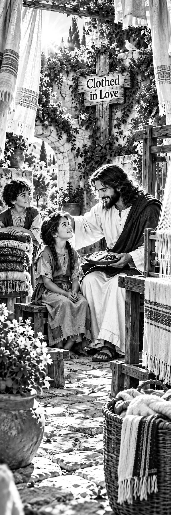 Jesus Christ comforts a child in a loving setting - AI-generated stock image