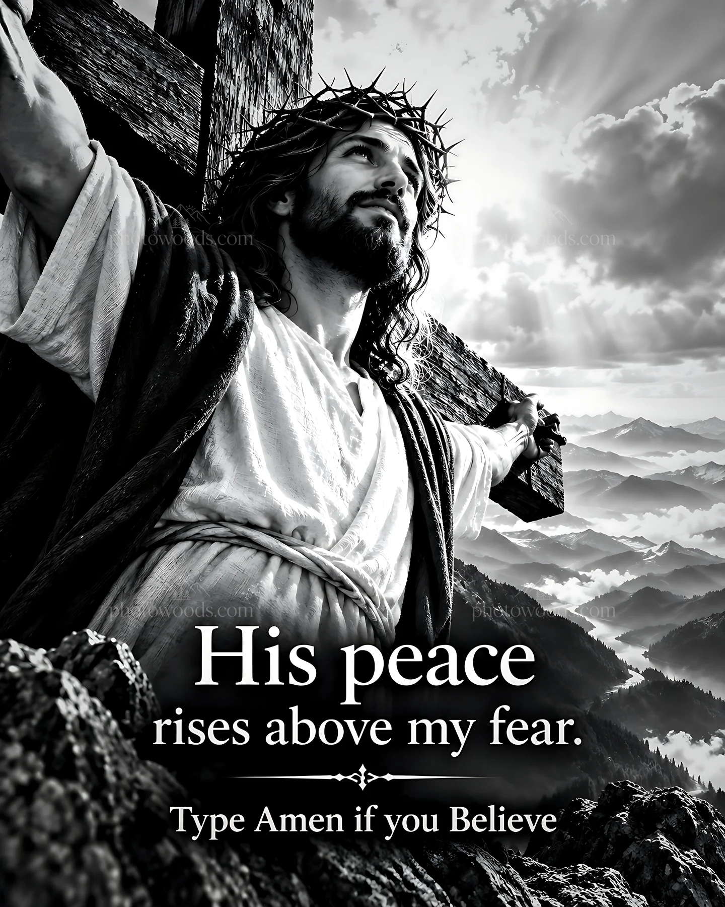Peace on the mountain with a figure on a cross - AI-generated stock image