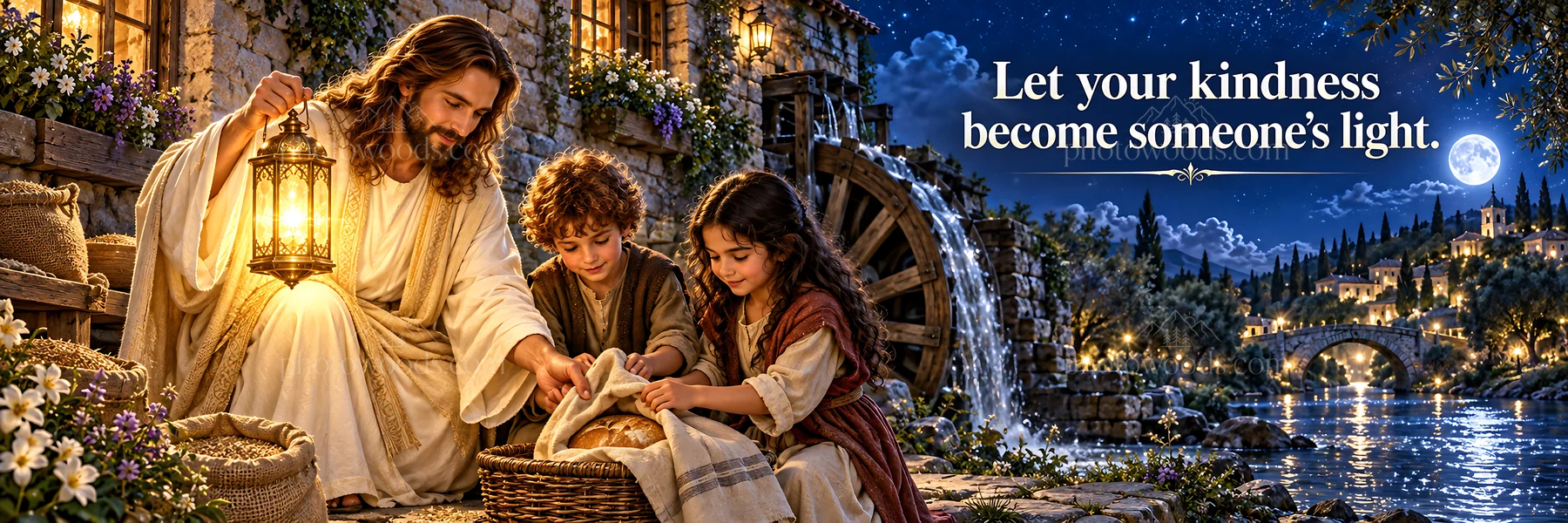 Jesus Christ sharing bread with two children in a village - AI-generated stock image