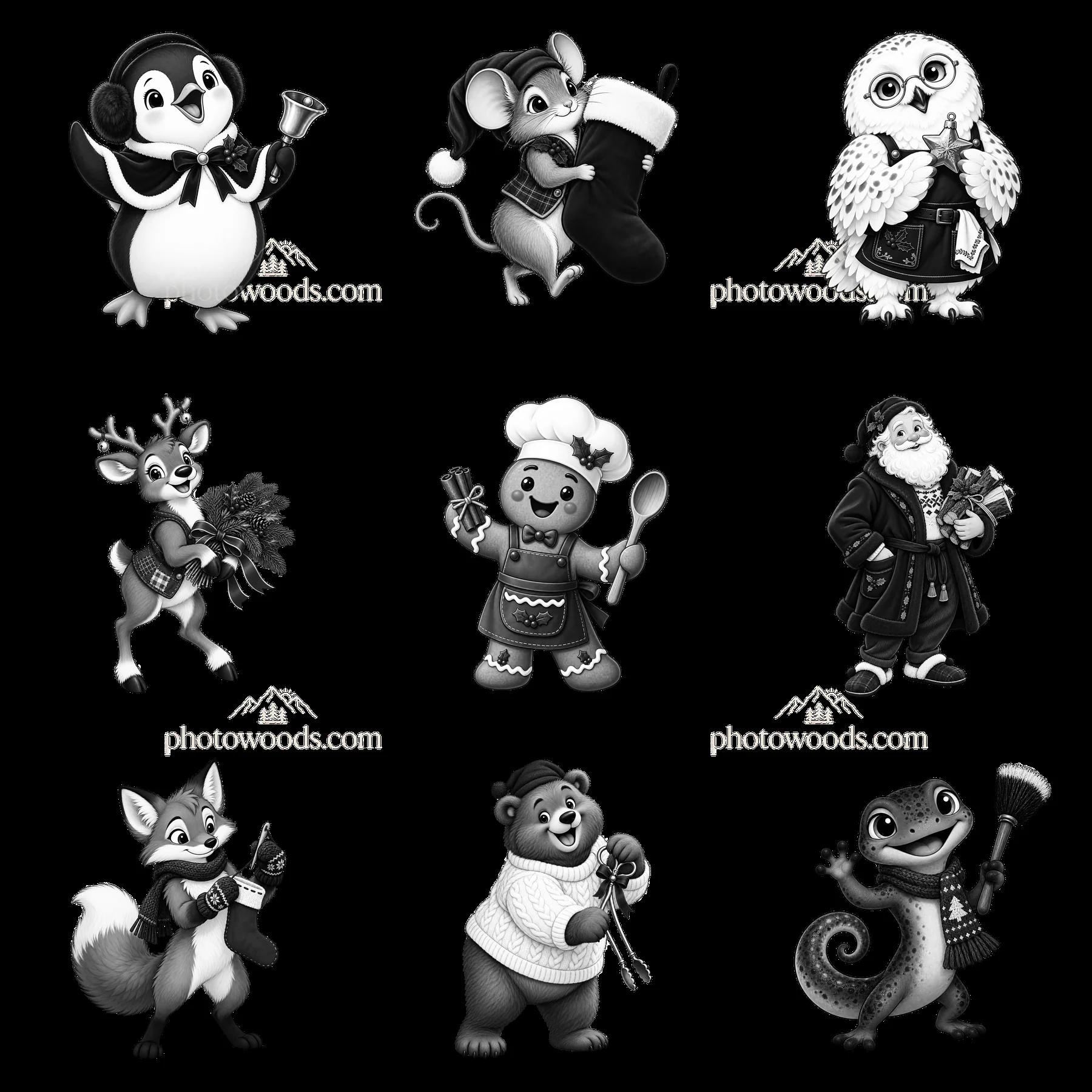 Christmas animals celebrating near a fireplace in monochrome style - AI-generated stock image