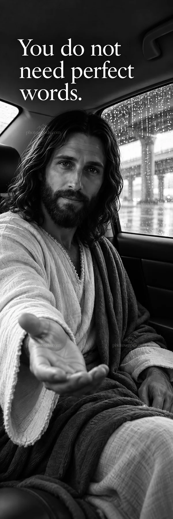 Jesus Christ extends a hand in a car during a rainy day - AI-generated stock image
