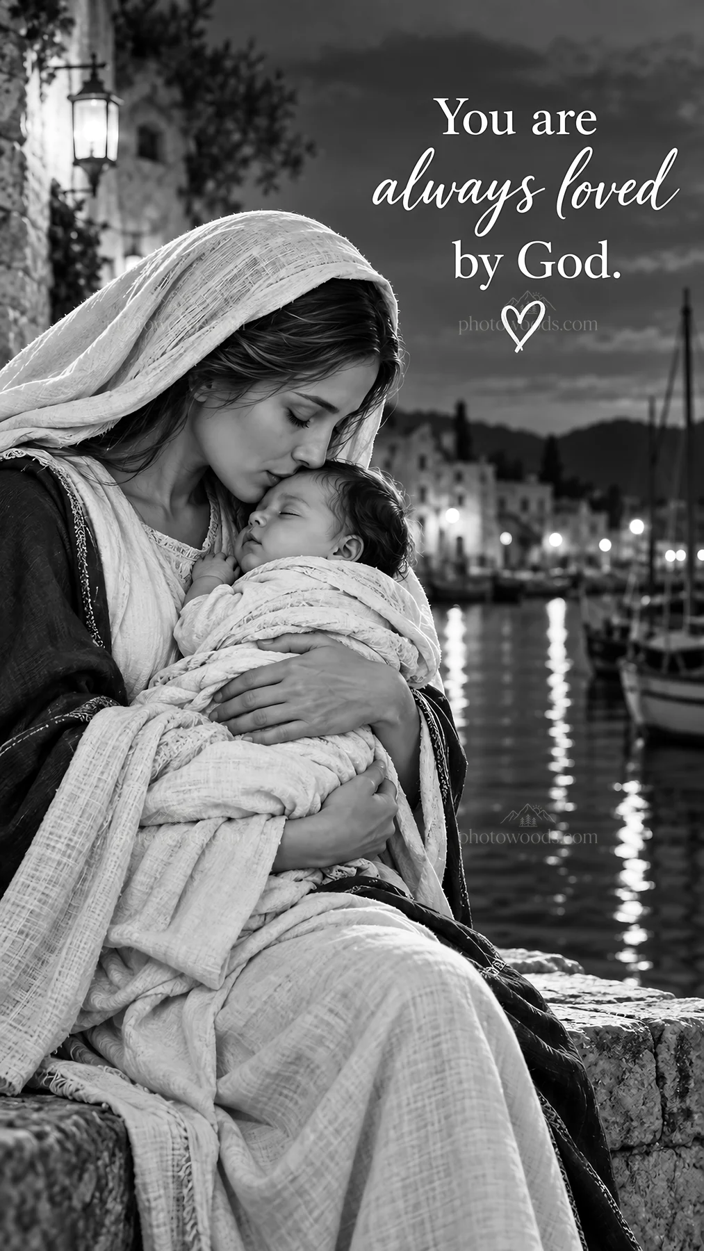 Jesus Christ comforts a mother and child by the water - AI-generated stock image