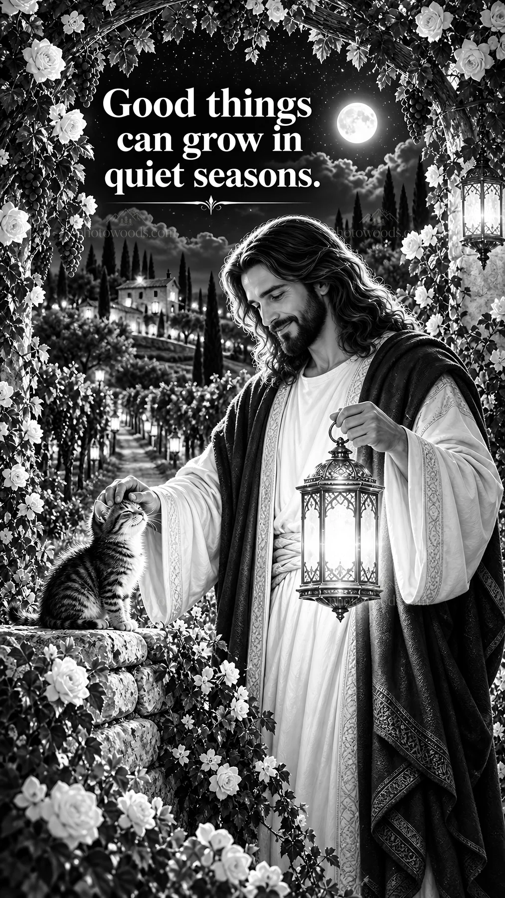 Jesus Christ with cat in garden at night - AI-generated stock image