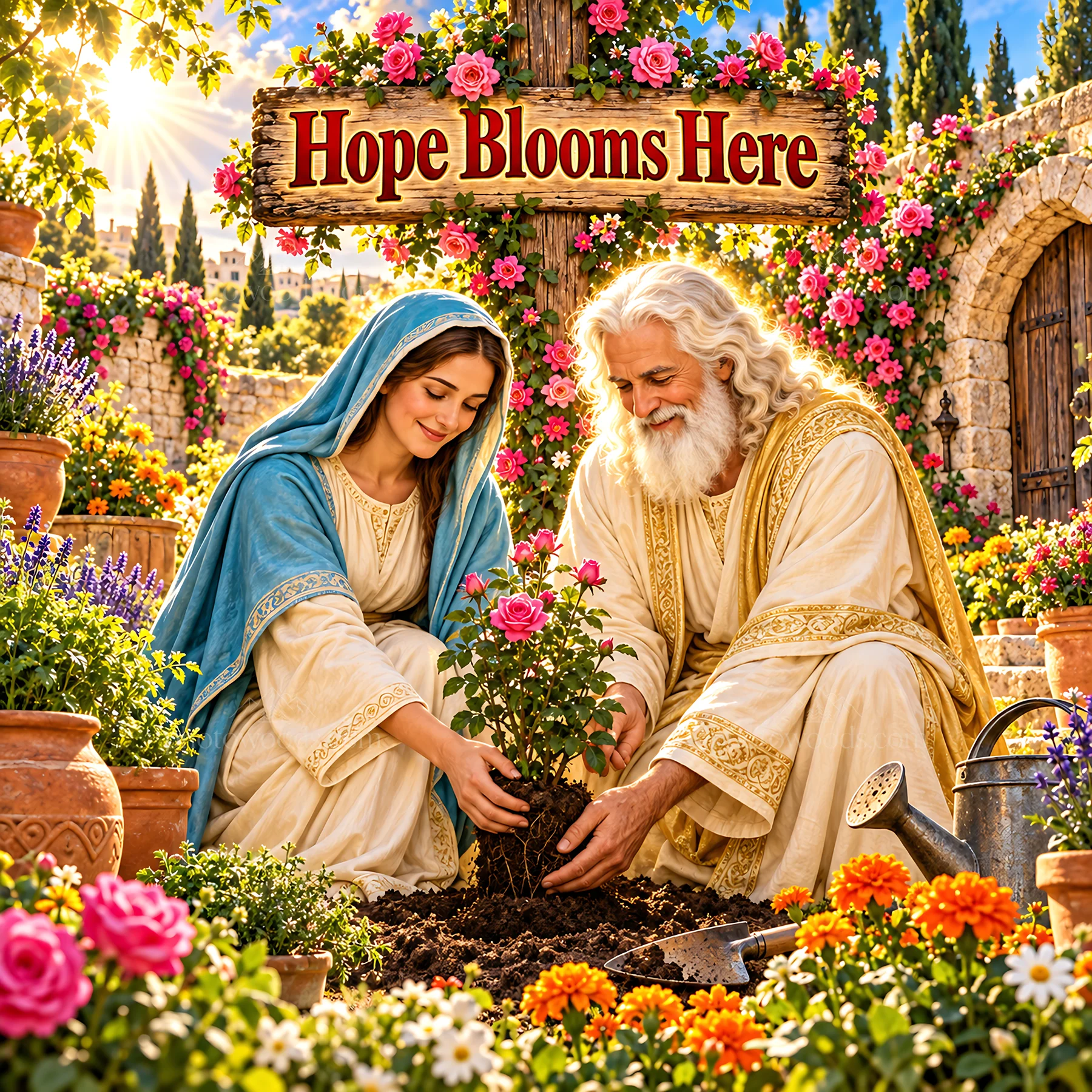 Jesus Christ planting flowers with a woman in a garden - AI-generated stock image