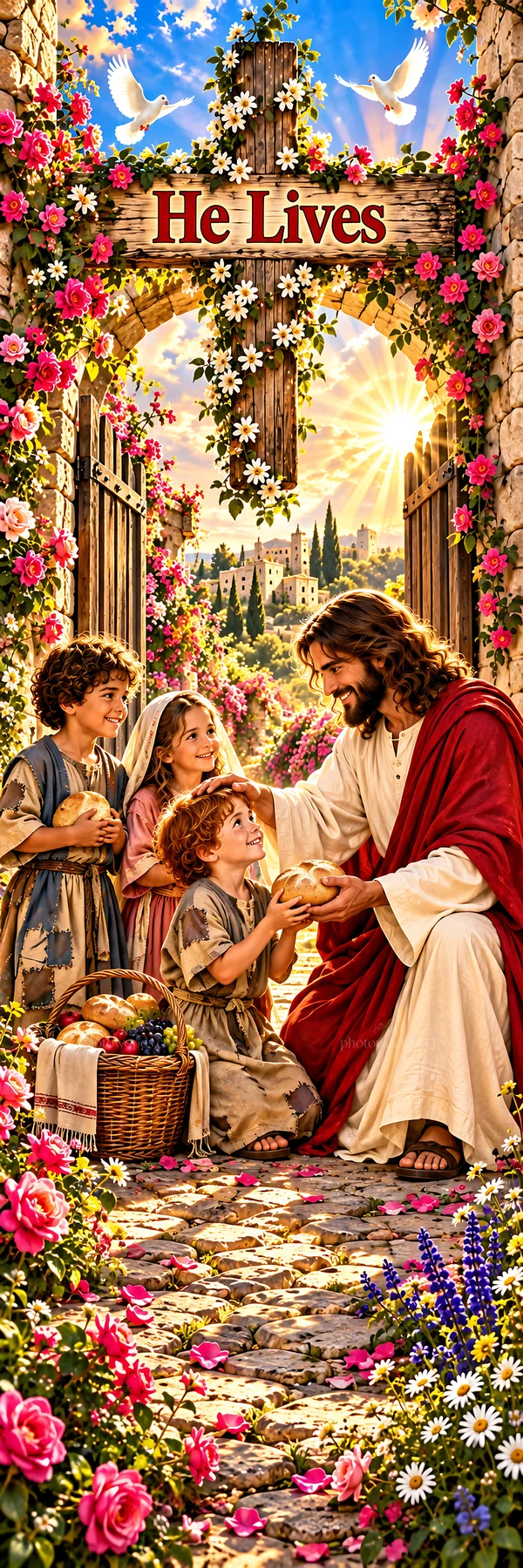 Jesus Christ shares bread with children in a garden - AI-generated stock image